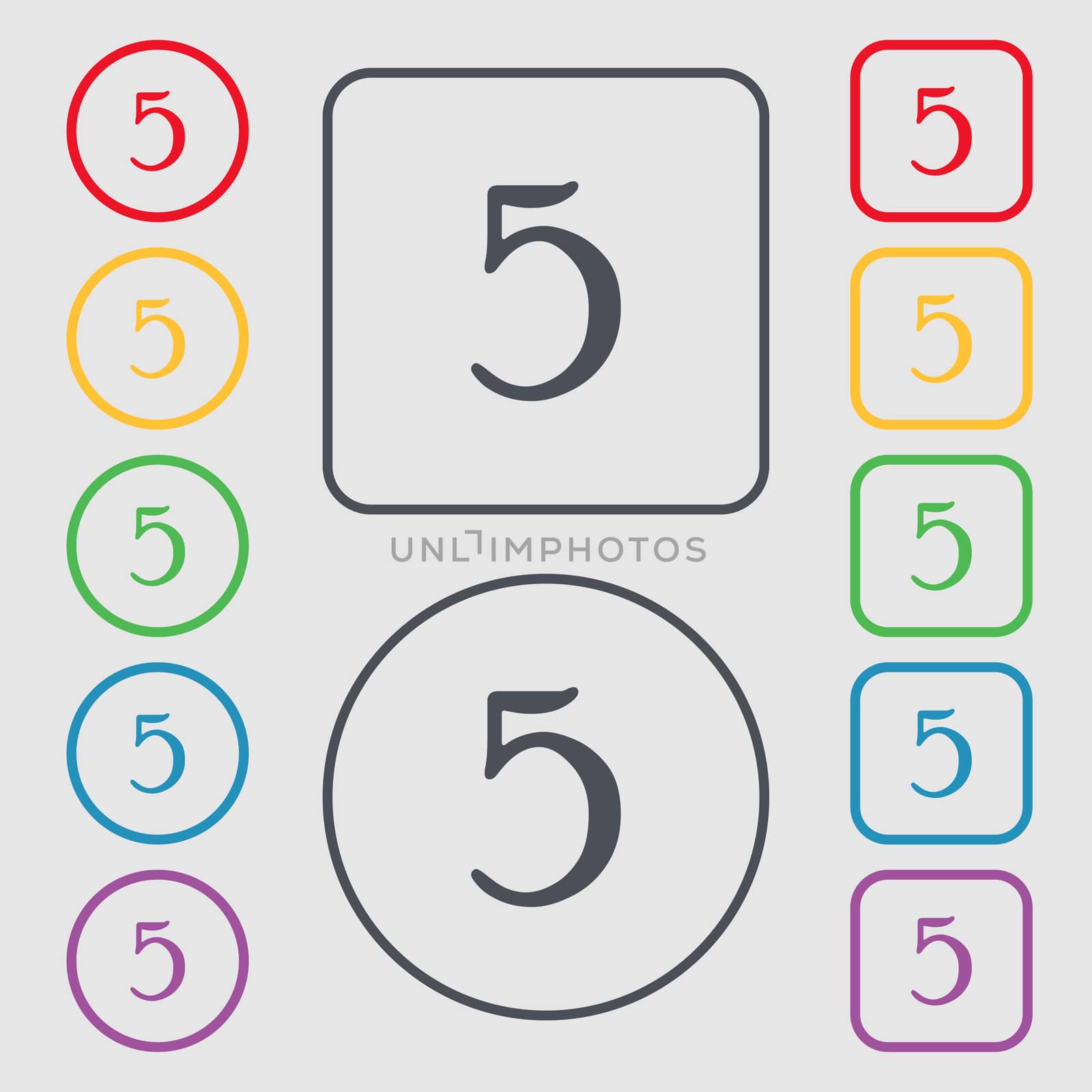 number five icon sign. Symbols on the Round and square buttons with frame. illustration