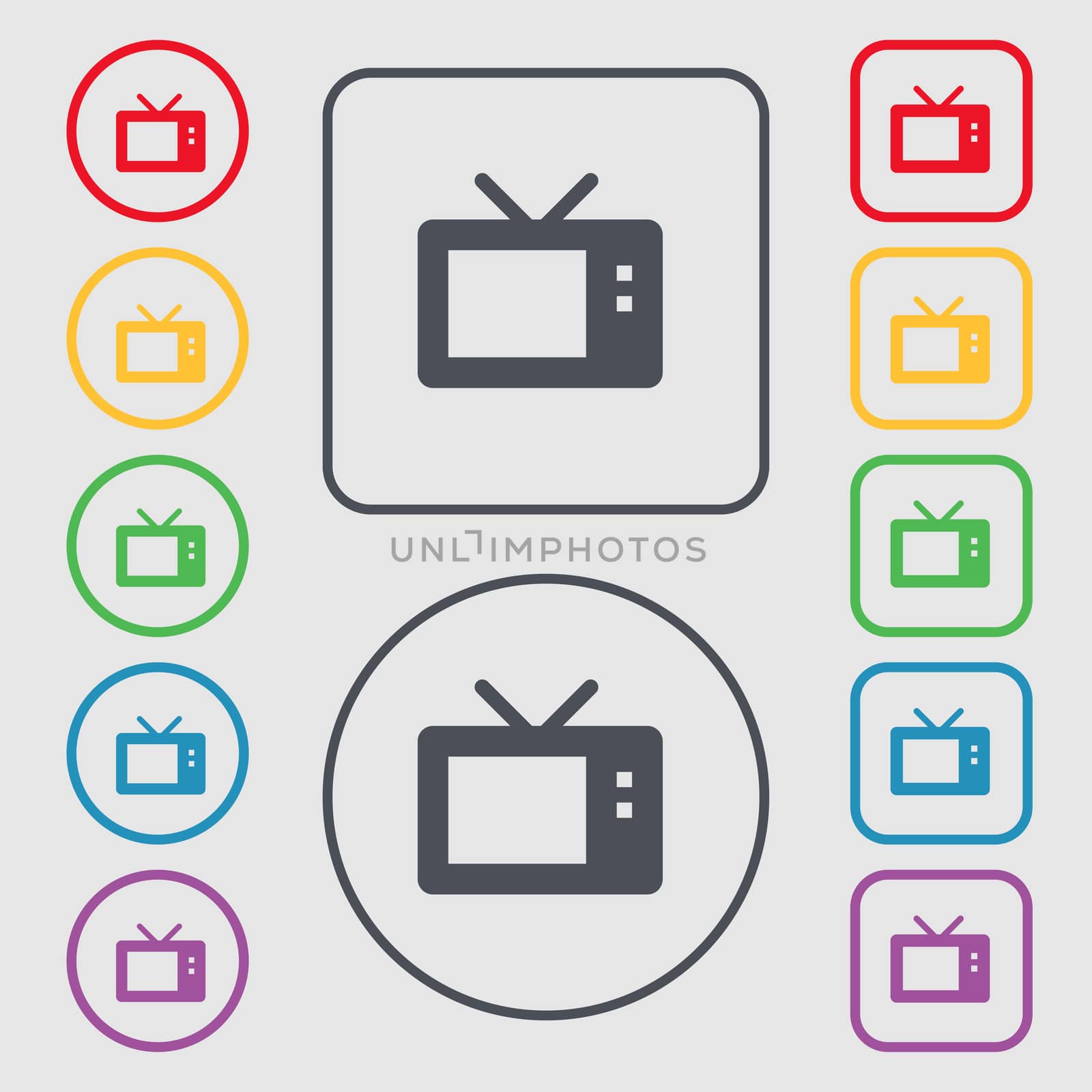 Retro TV mode icon sign. symbol on the Round and square buttons with frame. illustration