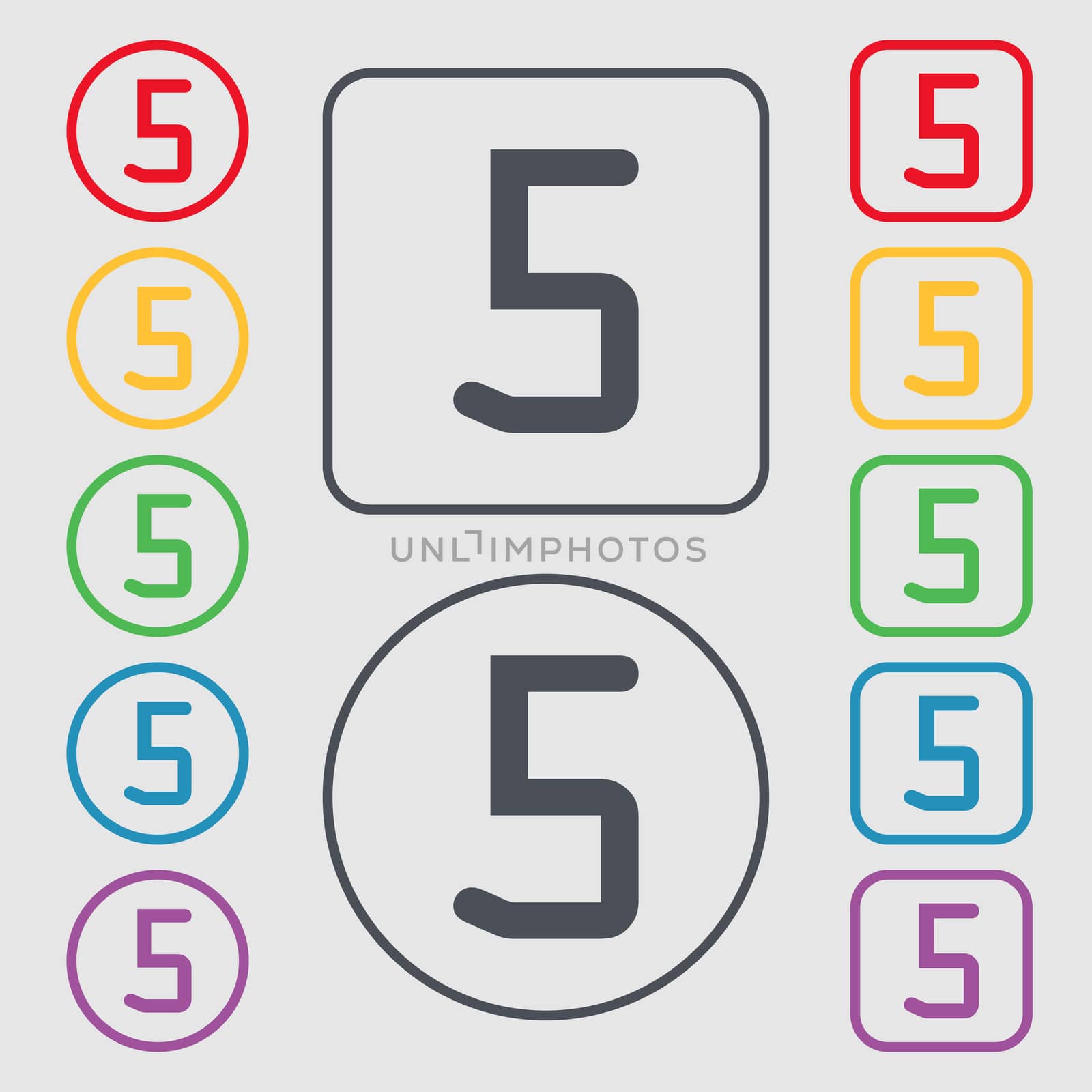 number five icon sign. Symbols on the Round and square buttons with frame. illustration