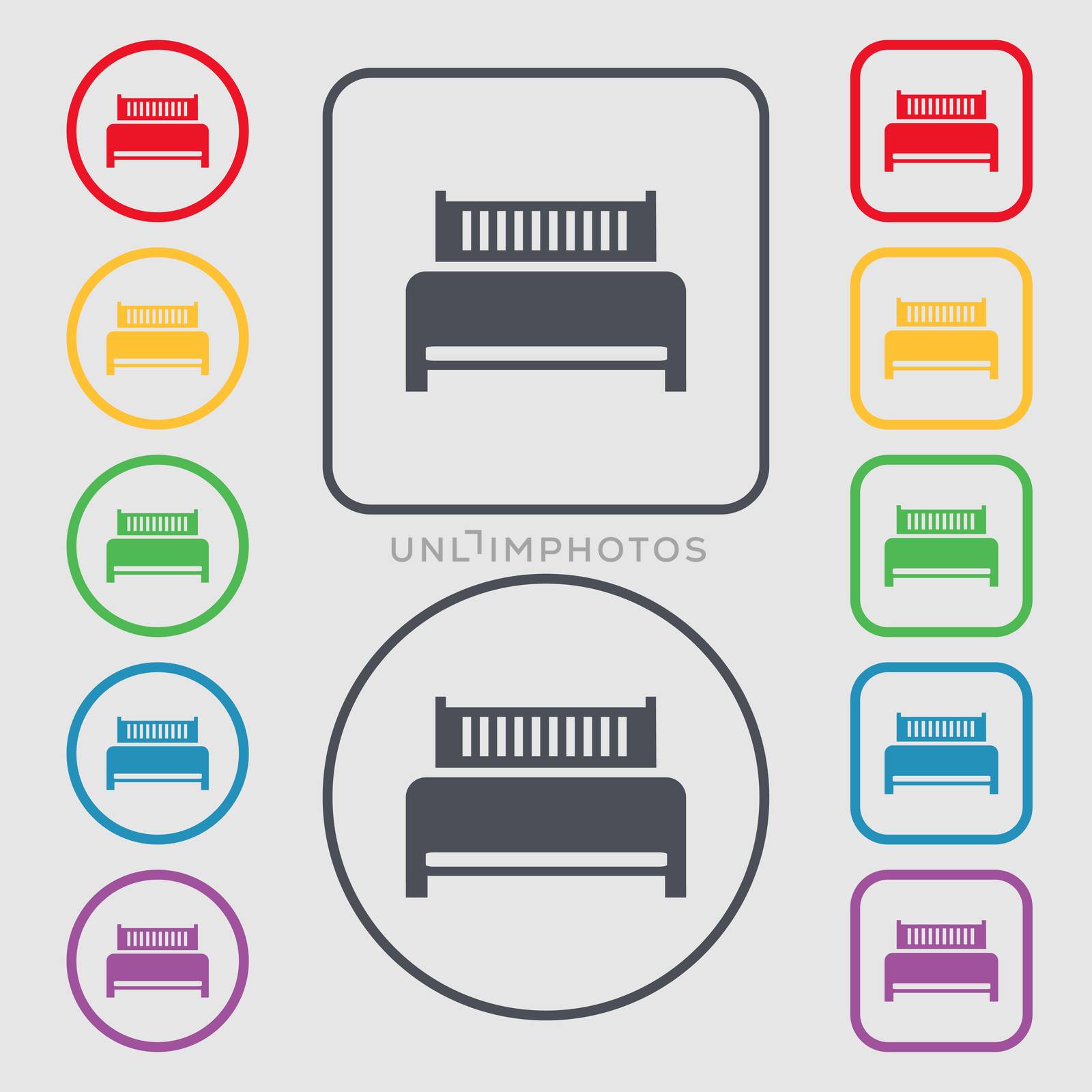 Hotel, bed icon sign. Symbols on the Round and square buttons with frame. illustration