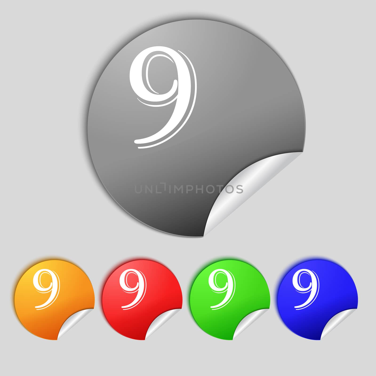 number Nine icon sign. Set of coloured buttons. illustration