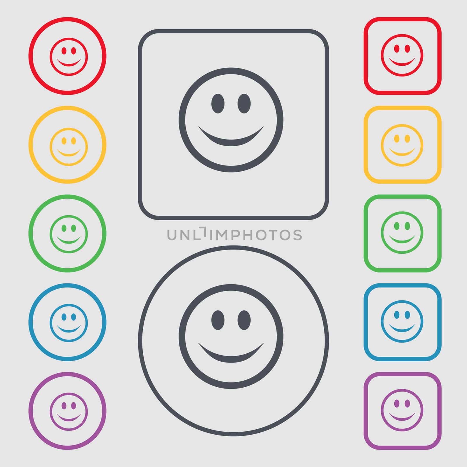 Smile, Happy face icon sign. symbol on the Round and square buttons with frame. illustration