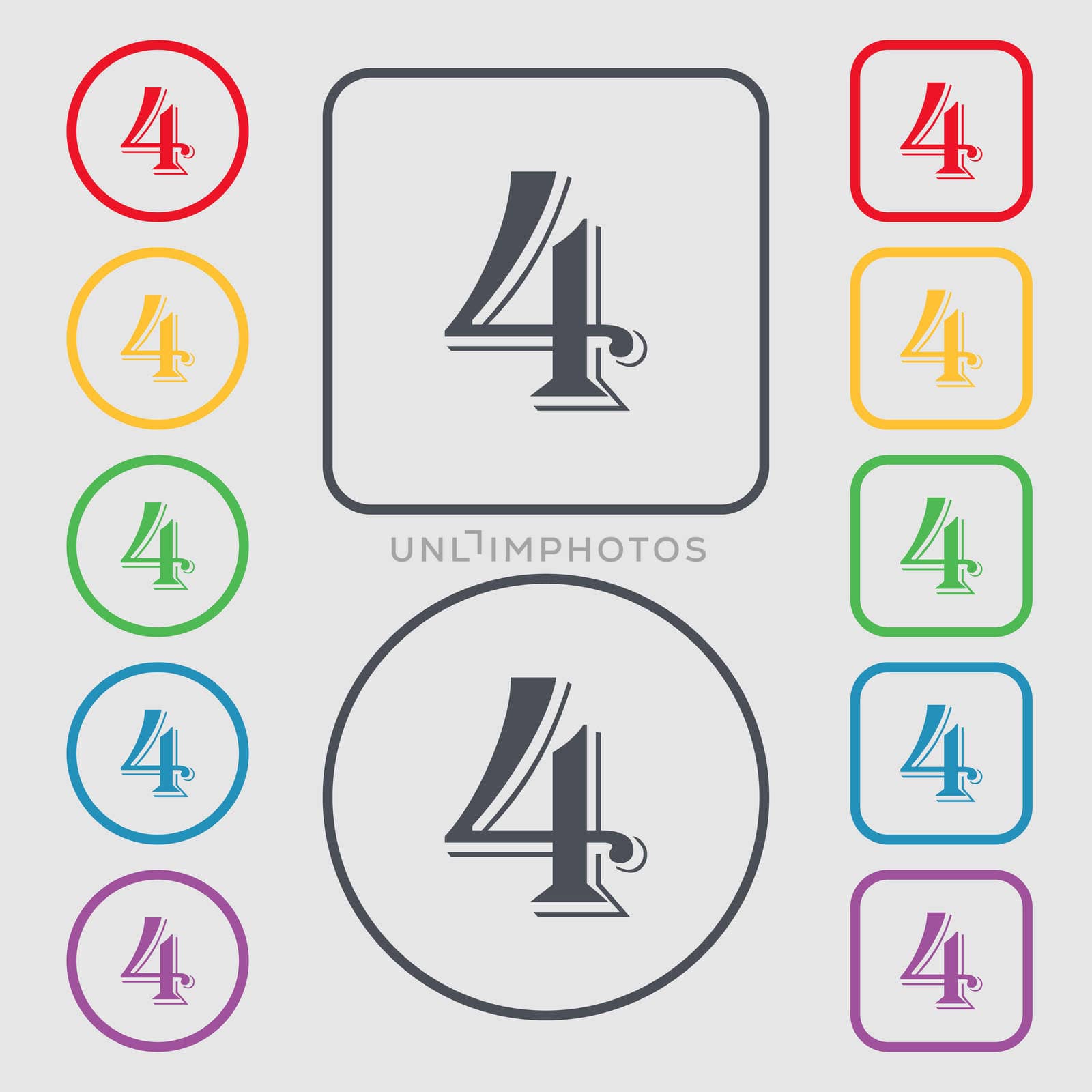 number four icon sign. Symbols on the Round and square buttons with frame. illustration