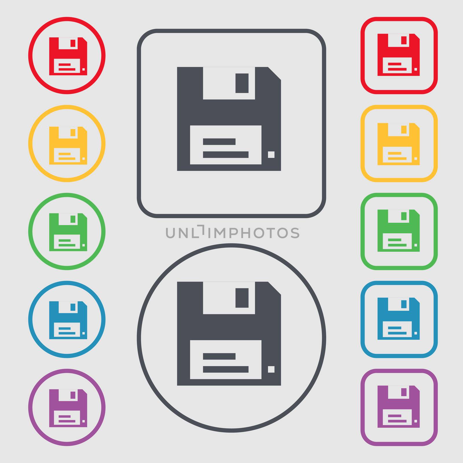 floppy icon sign. symbol on the Round and square buttons with frame. illustration