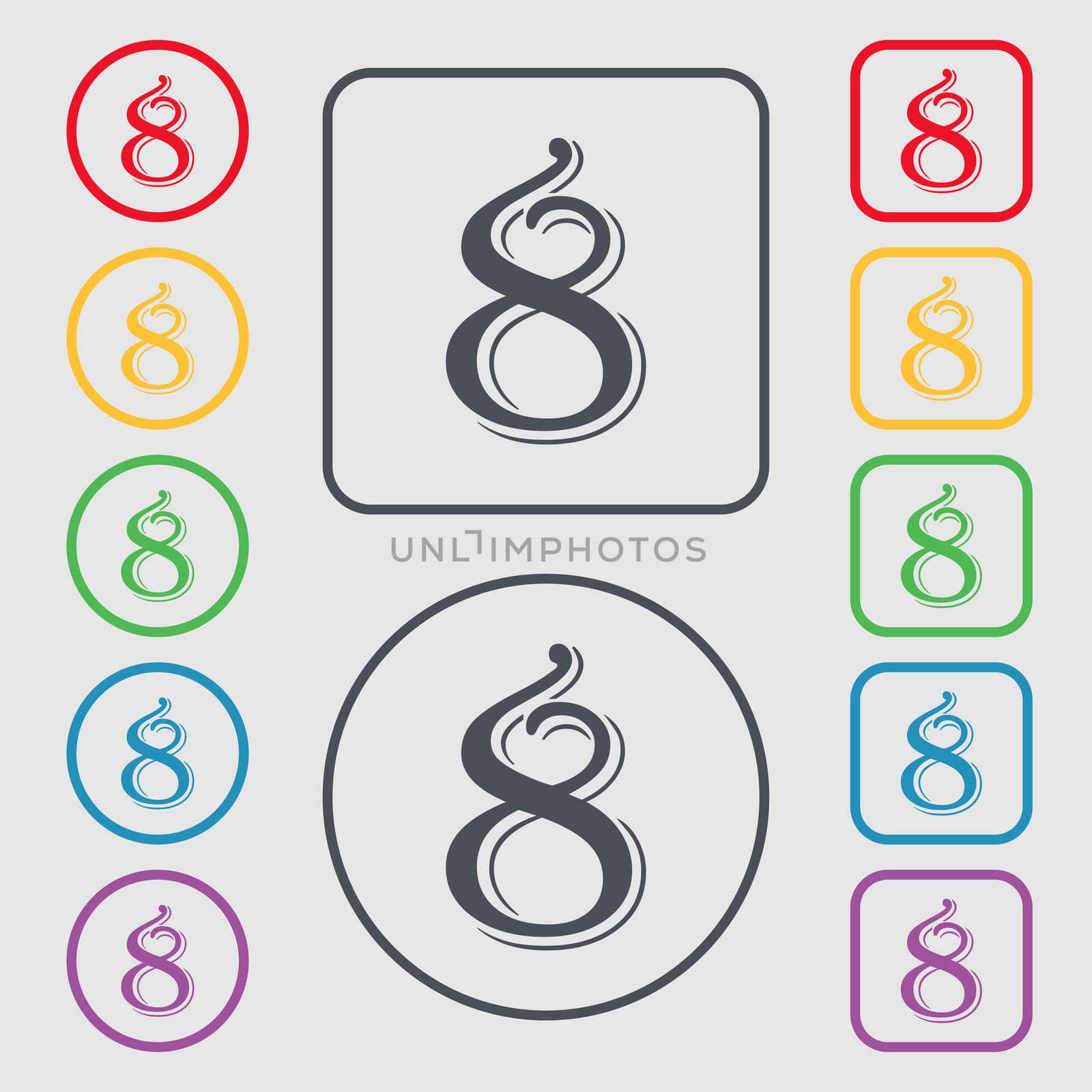 number Eight icon sign. Symbols on the Round and square buttons with frame. illustration