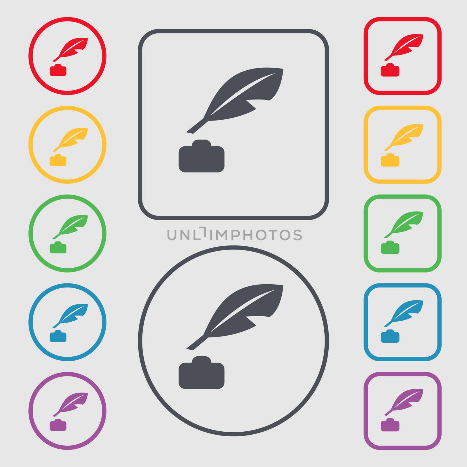 Feather, Retro pen icon sign. symbol on the Round and square buttons with frame. illustration