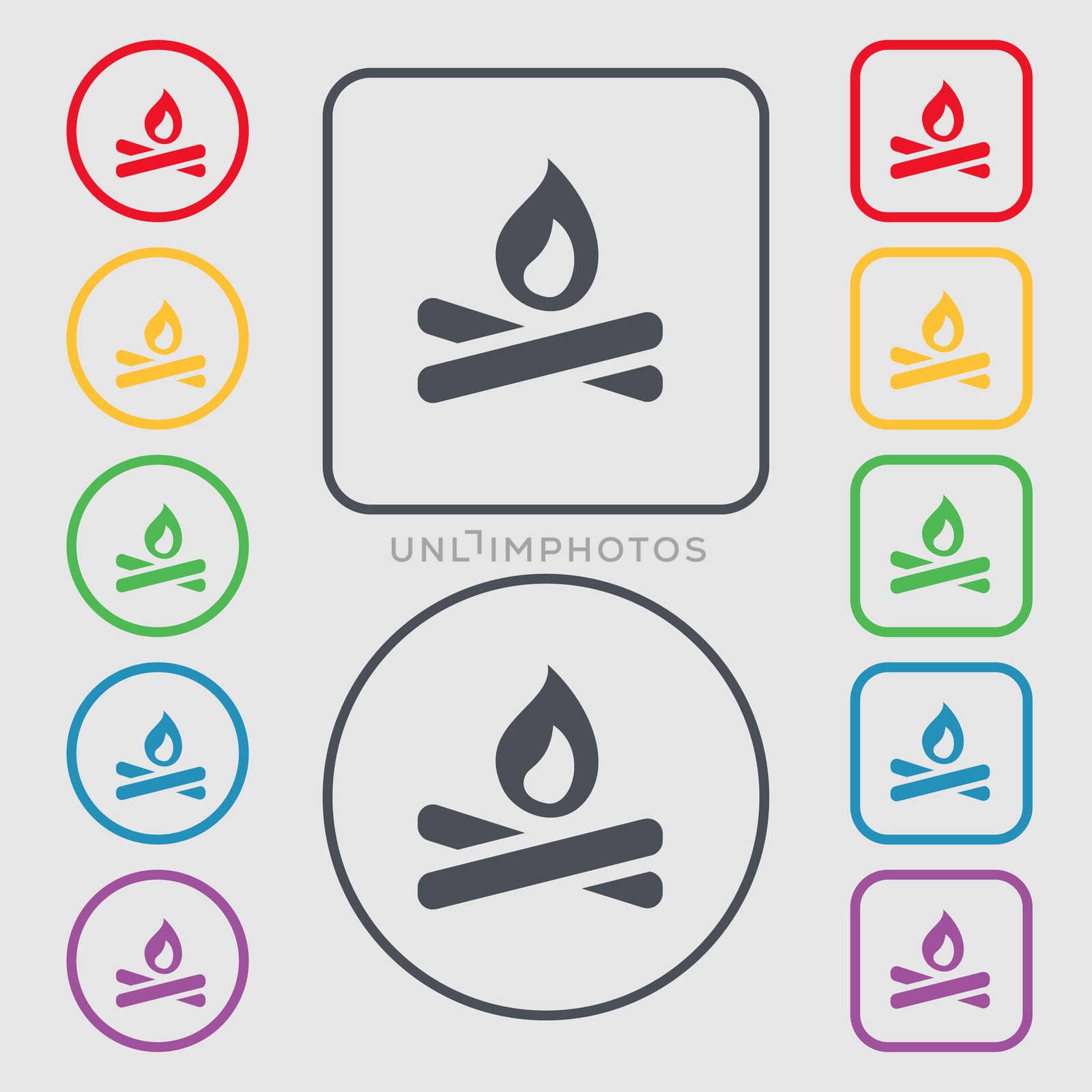 Fire flame icon sign. symbol on the Round and square buttons with frame. illustration