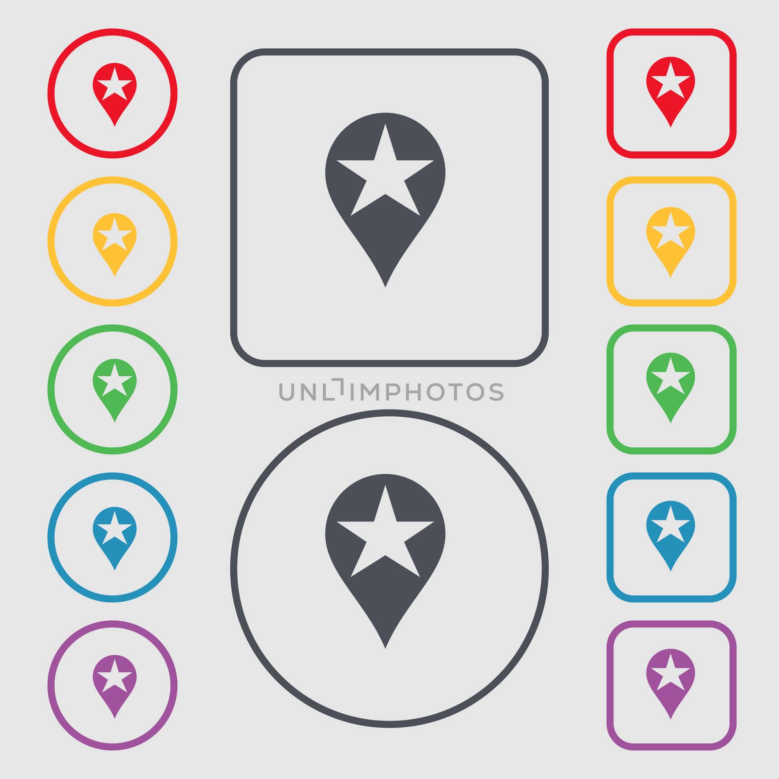 Map pointer award, GPS location icon sign. symbol on the Round and square buttons with frame.  by serhii_lohvyniuk