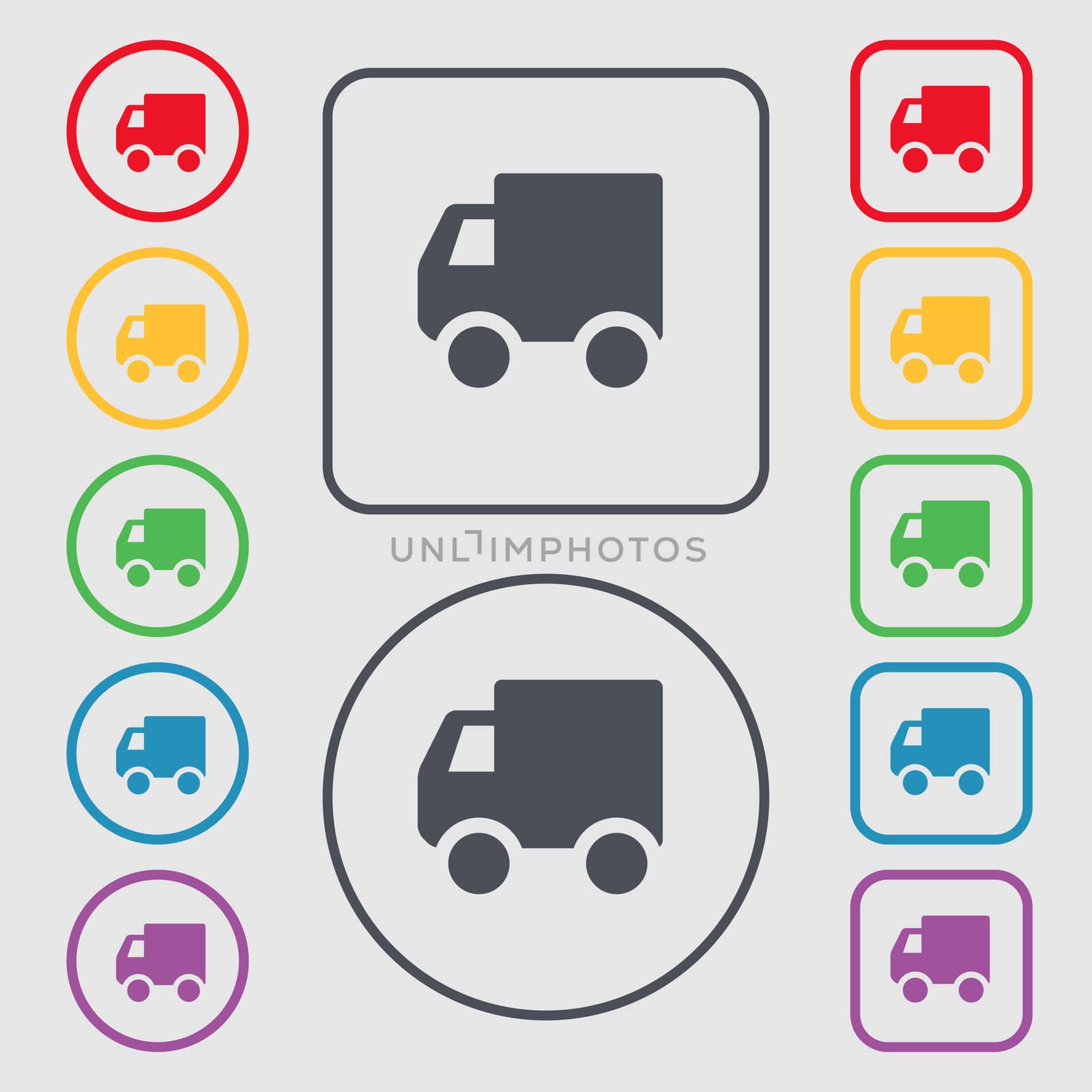 Delivery truck icon sign. symbol on the Round and square buttons with frame.  by serhii_lohvyniuk