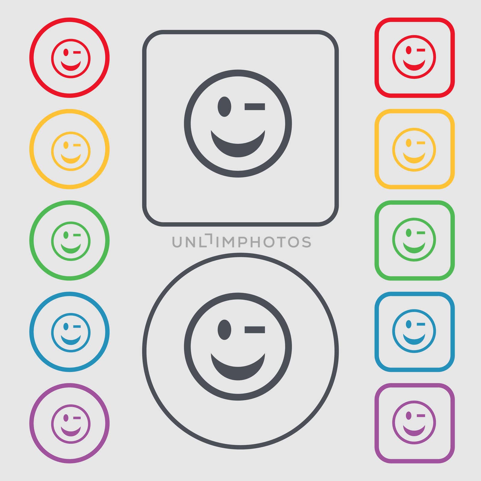 Winking Face icon sign. symbol on the Round and square buttons with frame.  by serhii_lohvyniuk