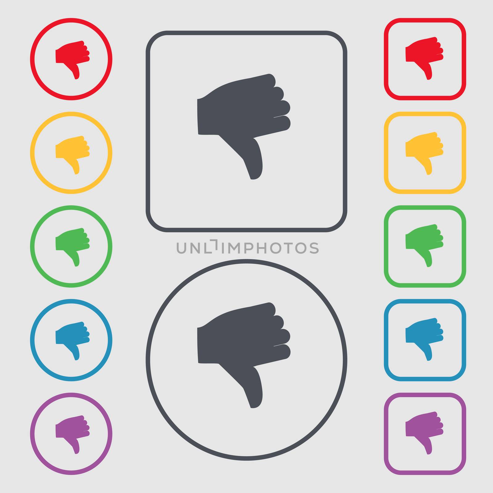 Dislike, Thumb down icon sign. symbol on the Round and square buttons with frame.  by serhii_lohvyniuk