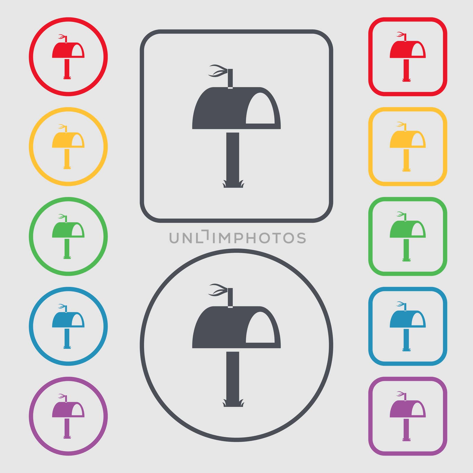 Mailbox icon sign. Symbols on the Round and square buttons with frame. illustration