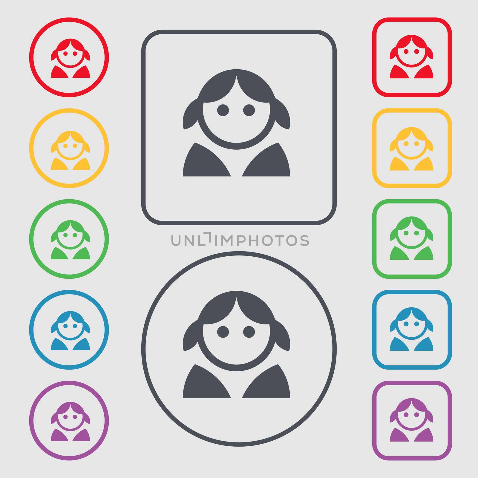 Female, Woman human, Women toilet, User, Login icon sign. symbol on the Round and square buttons with frame. illustration