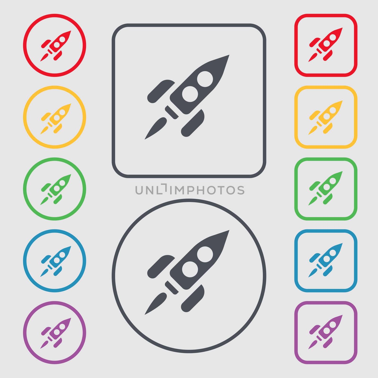 Rocket icon sign. symbol on the Round and square buttons with frame. illustration