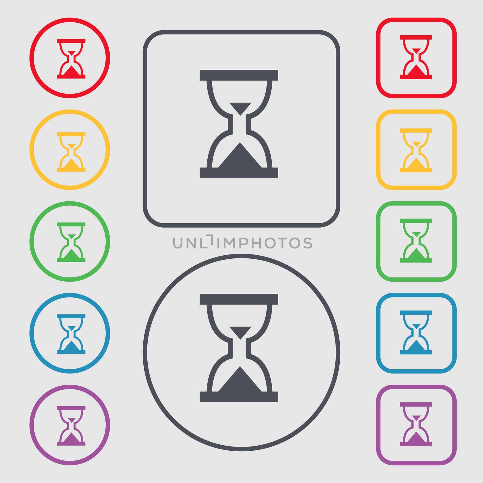 Hourglass, Sand timer icon sign. symbol on the Round and square buttons with frame. illustration