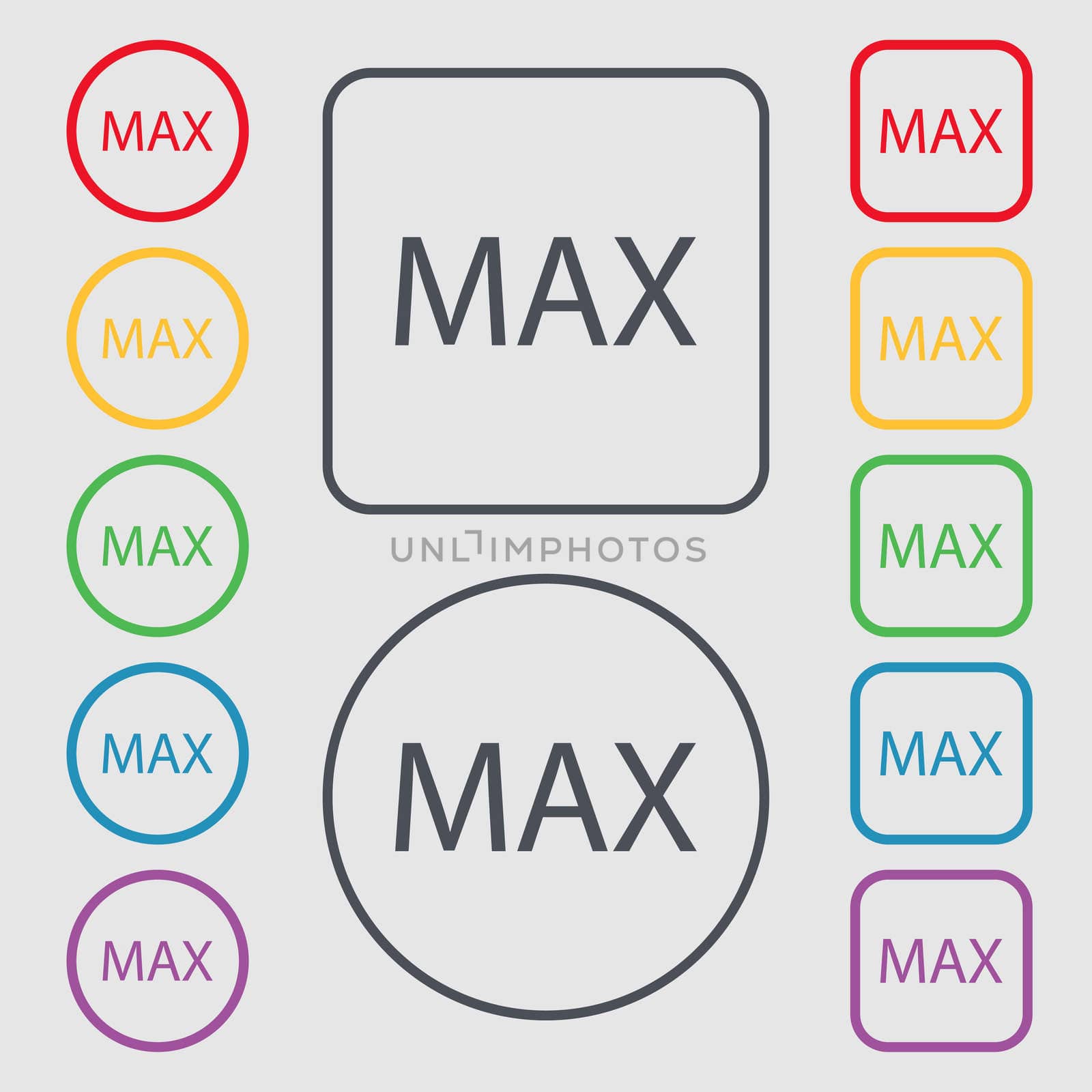 maximum sign icon. Symbols on the Round and square buttons with frame. illustration