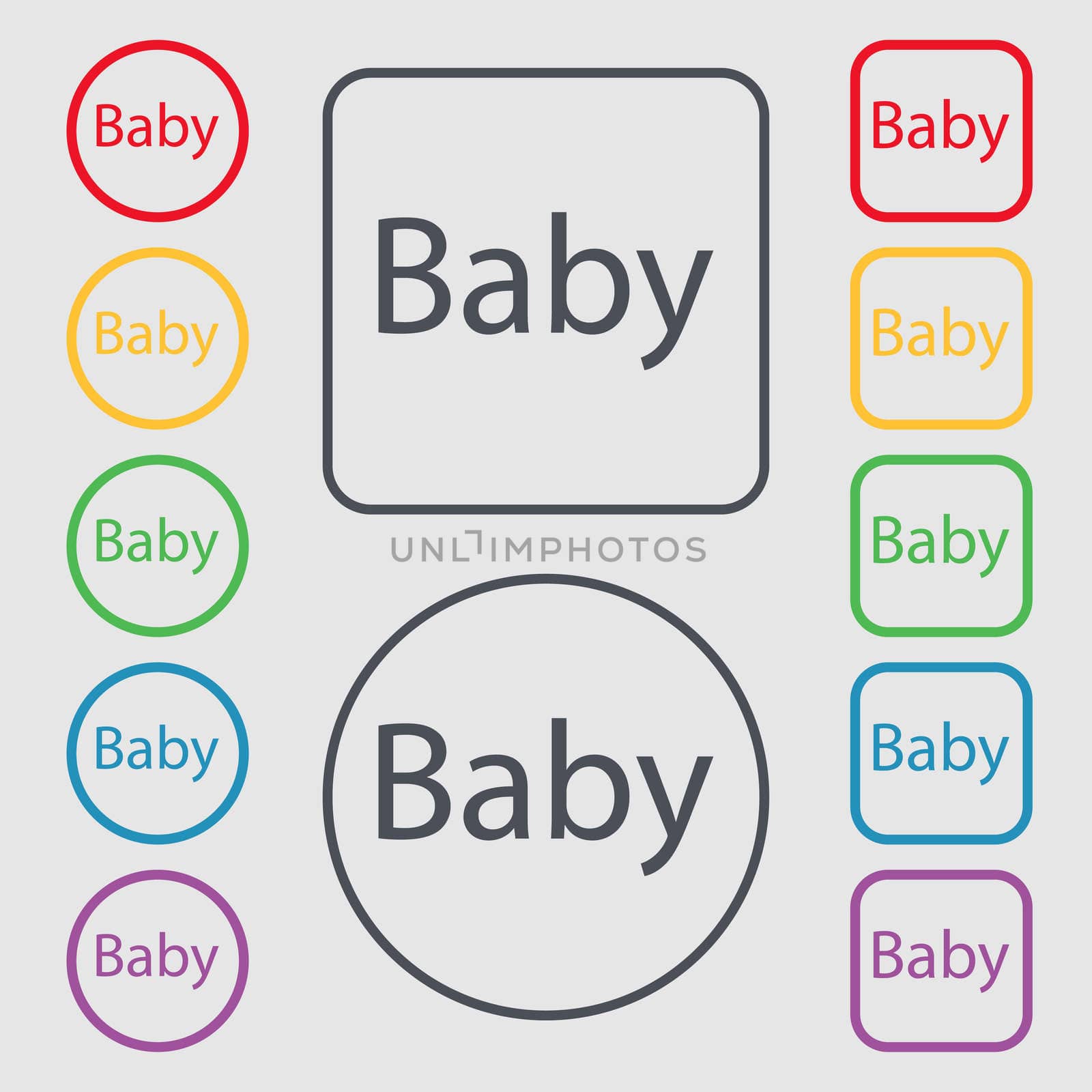 Baby on board sign icon. Infant in car caution symbol. Baby pacifier nipple. Symbols on the Round and square buttons with frame. illustration