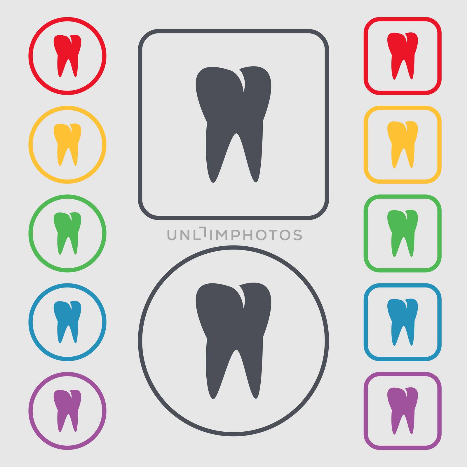 tooth icon. Symbols on the Round and square buttons with frame.  by serhii_lohvyniuk