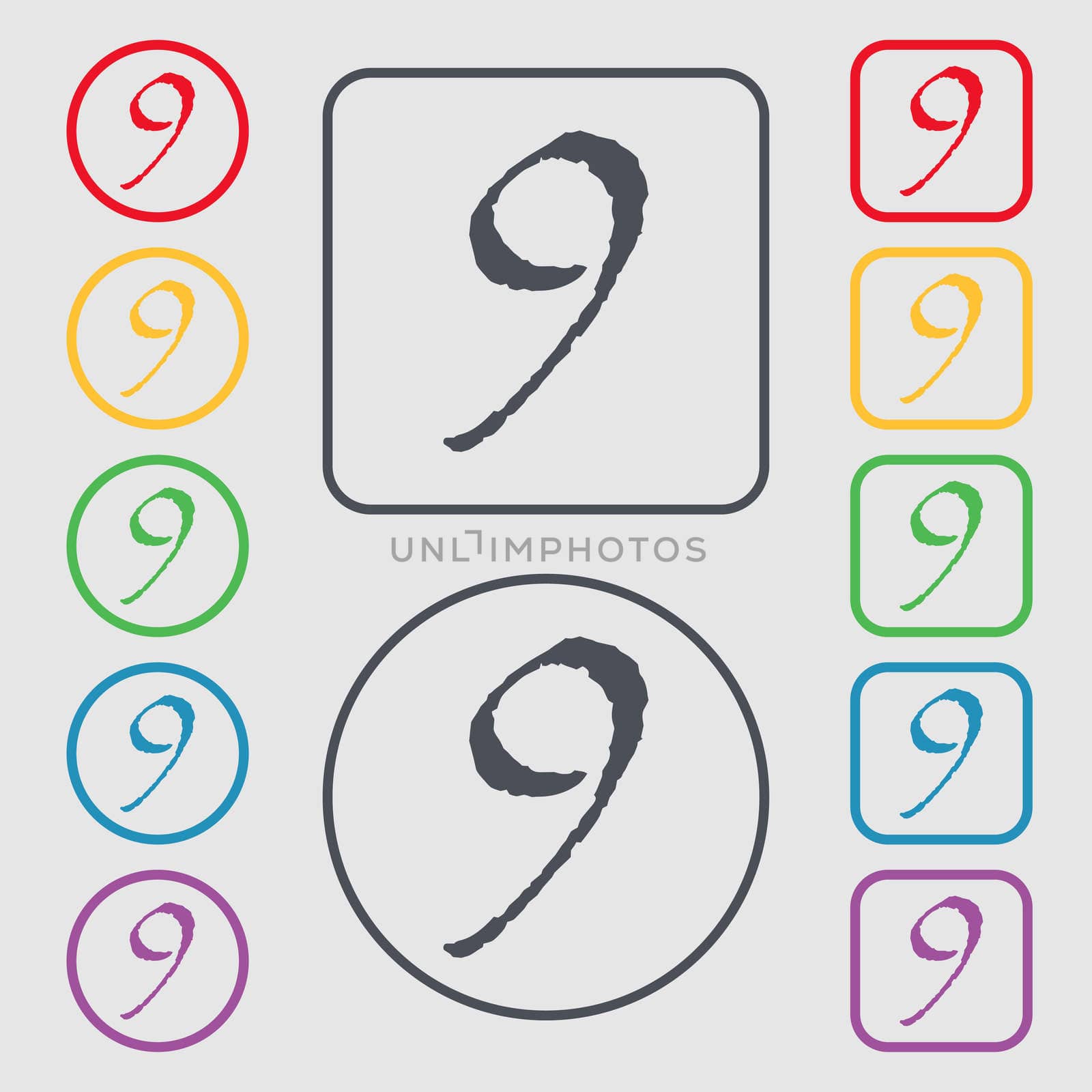 number Nine icon sign. Symbols on the Round and square buttons with frame. illustration