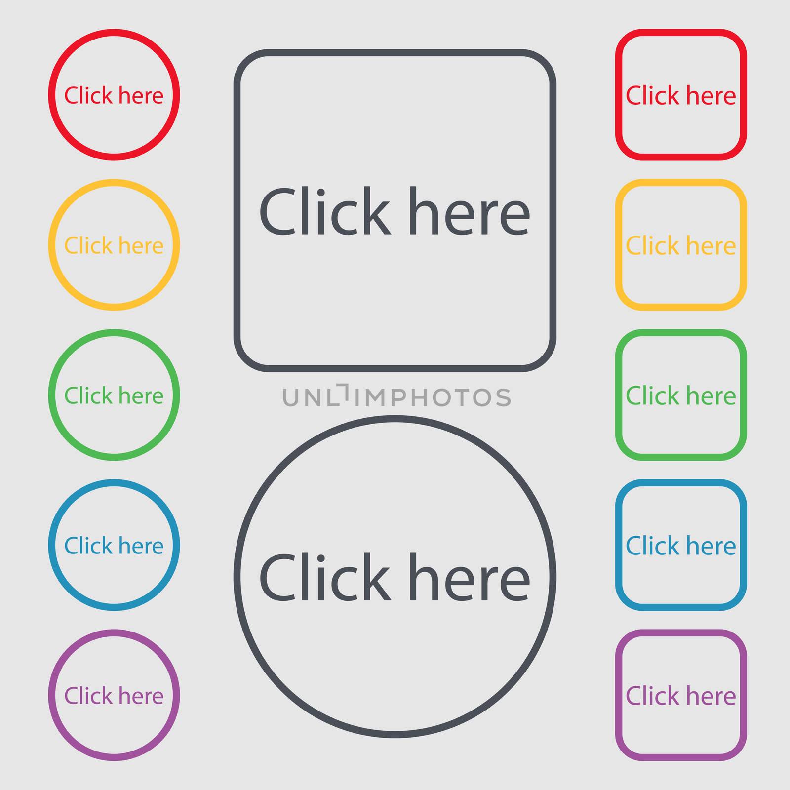 Click here sign icon. Press button. Symbols on the Round and square buttons with frame. illustration