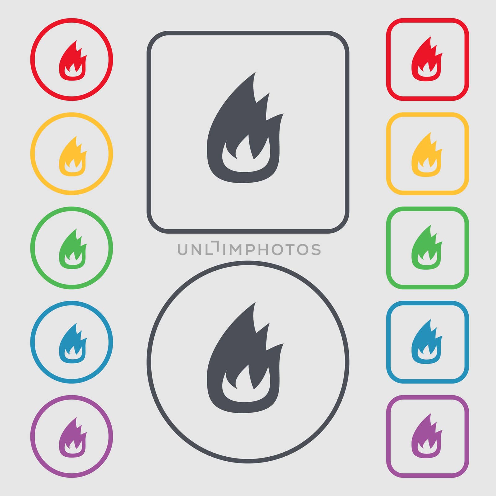 Fire flame icon sign. symbol on the Round and square buttons with frame.  by serhii_lohvyniuk