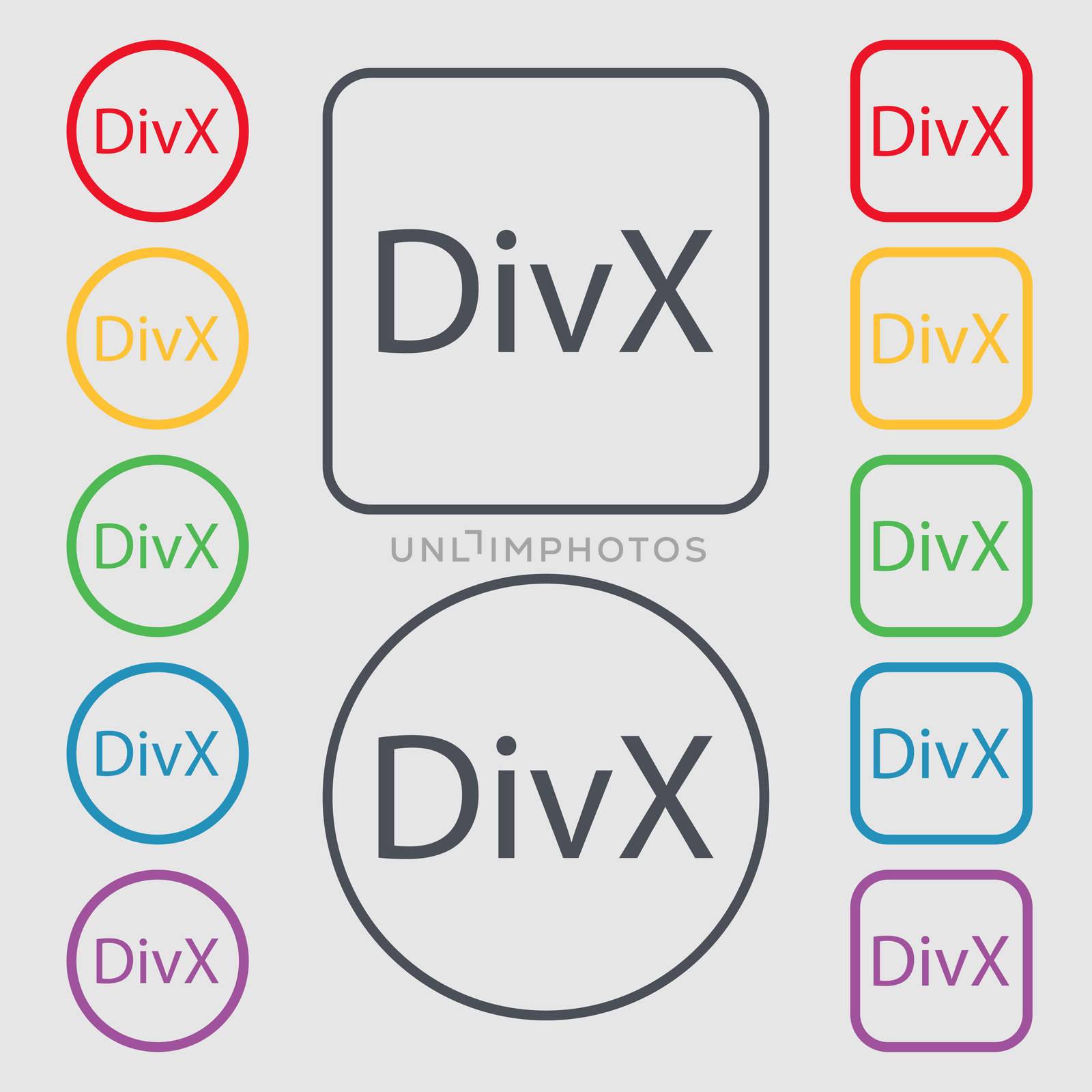 DivX video format sign icon. symbol. Symbols on the Round and square buttons with frame.  by serhii_lohvyniuk