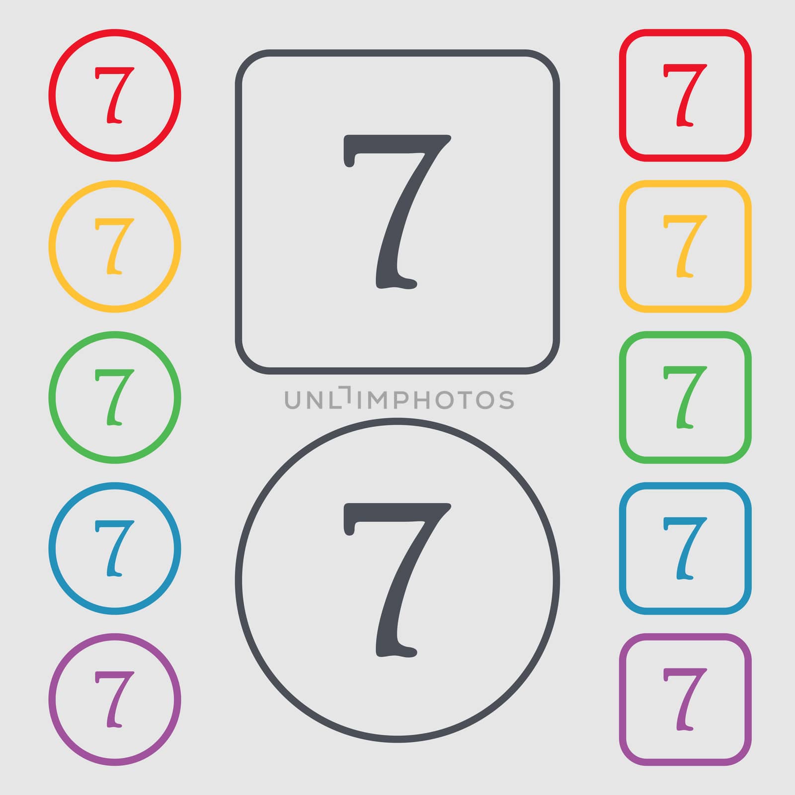 number seven icon sign. Symbols on the Round and square buttons with frame. illustration