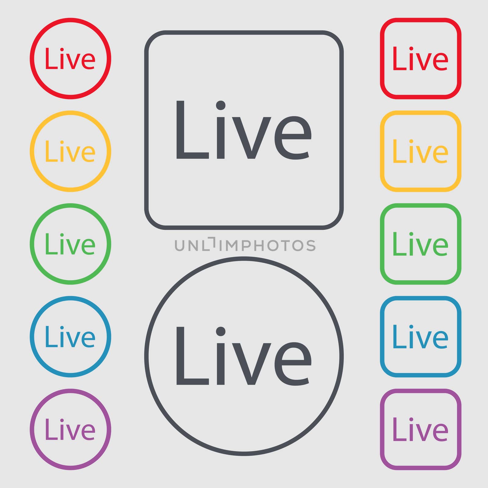 Live sign icon. Symbols on the Round and square buttons with frame.  by serhii_lohvyniuk