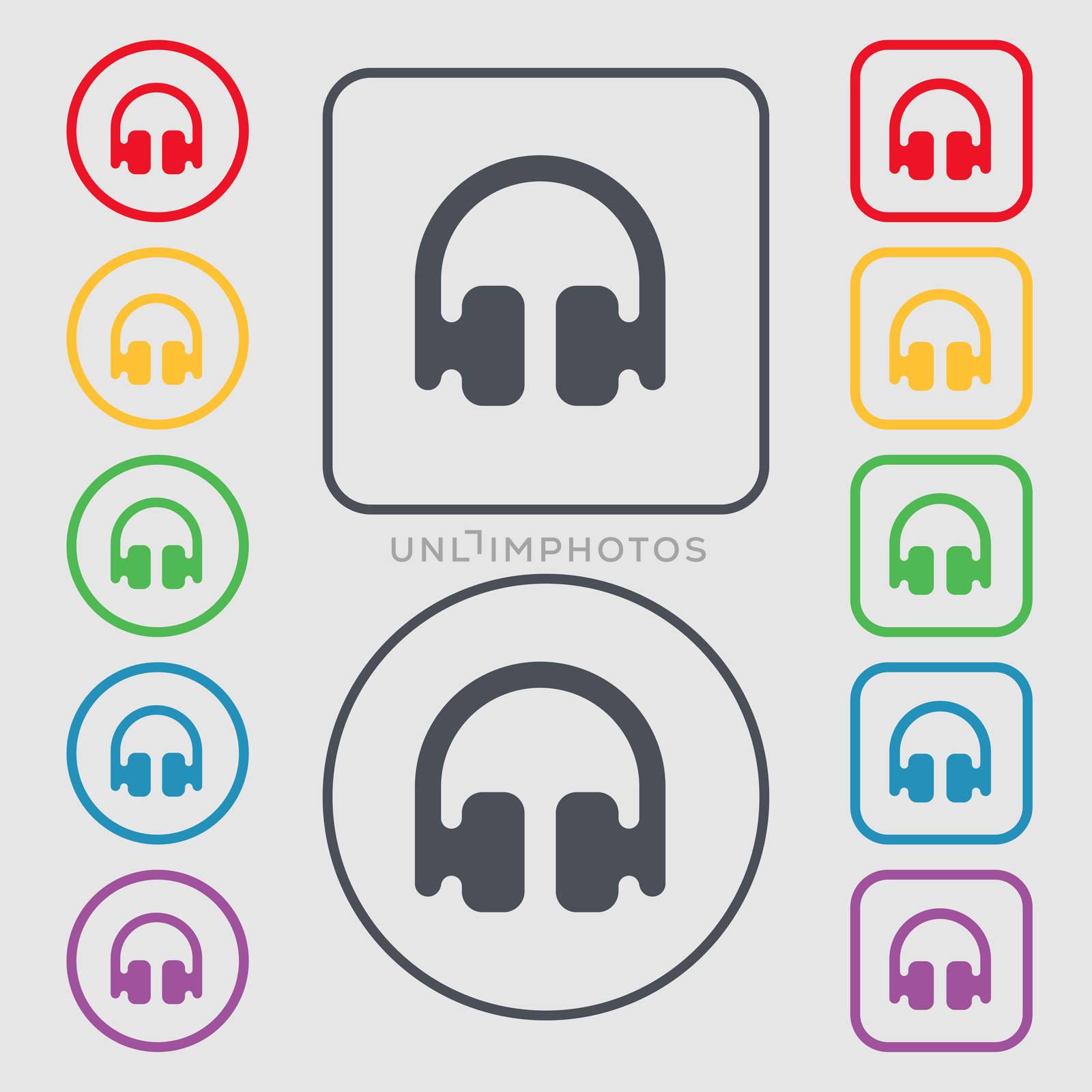 Headphones, Earphones icon sign. symbol on the Round and square buttons with frame. illustration