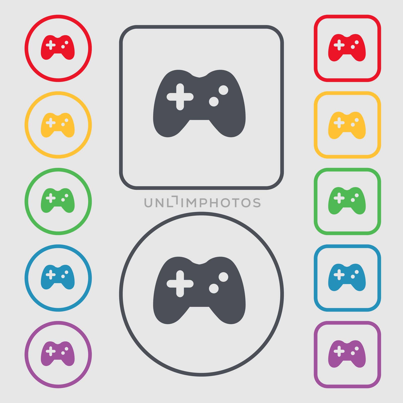 Joystick icon sign. symbol on the Round and square buttons with frame. illustration