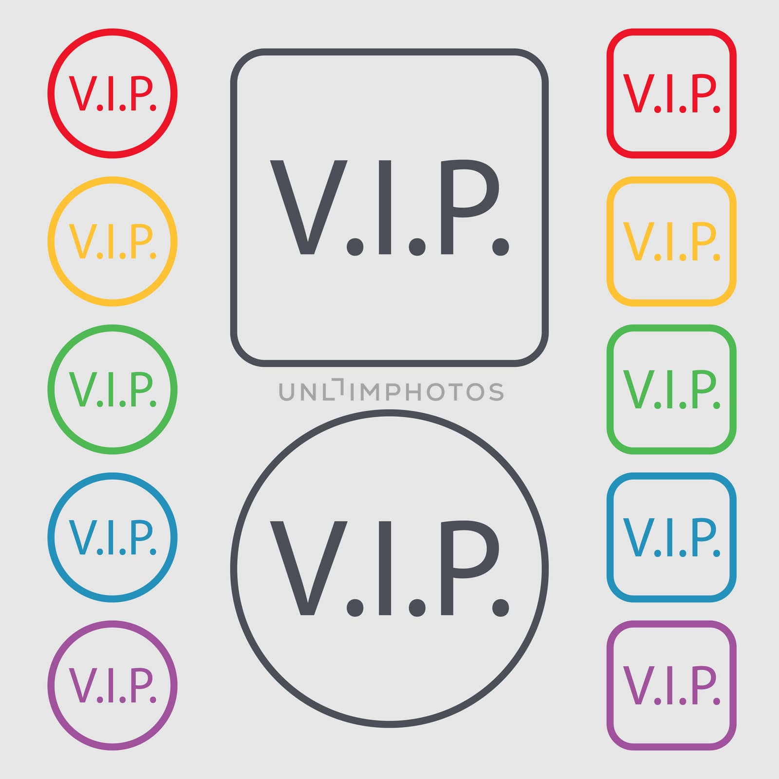 Vip sign icon. Membership symbol. Very important person. Symbols on the Round and square buttons with frame.  by serhii_lohvyniuk