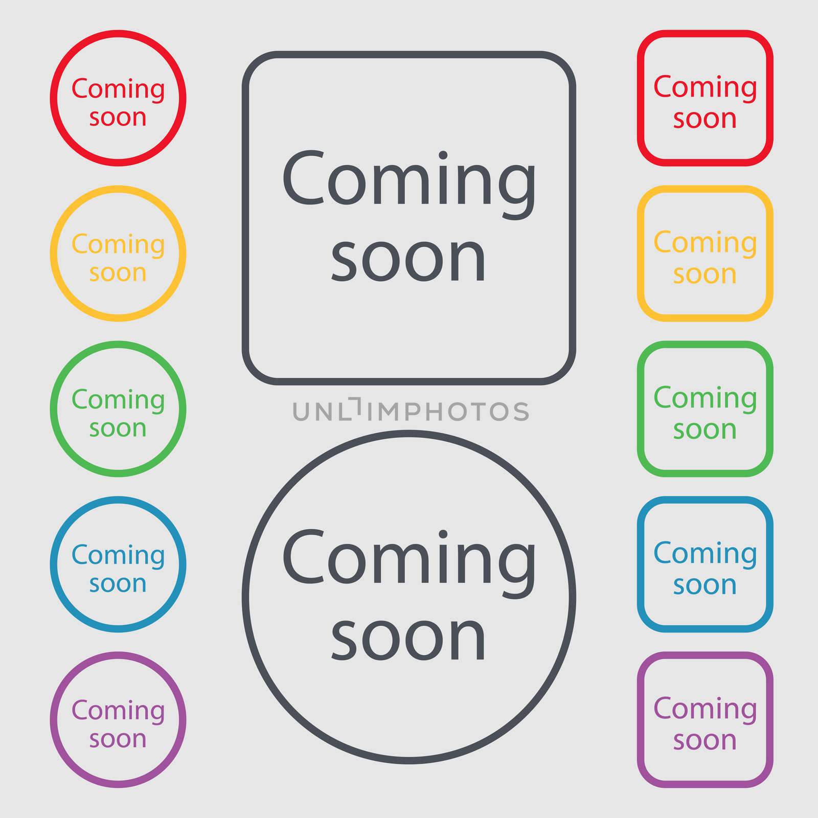 Coming soon sign icon. Promotion announcement symbol. Symbols on the Round and square buttons with frame.  by serhii_lohvyniuk