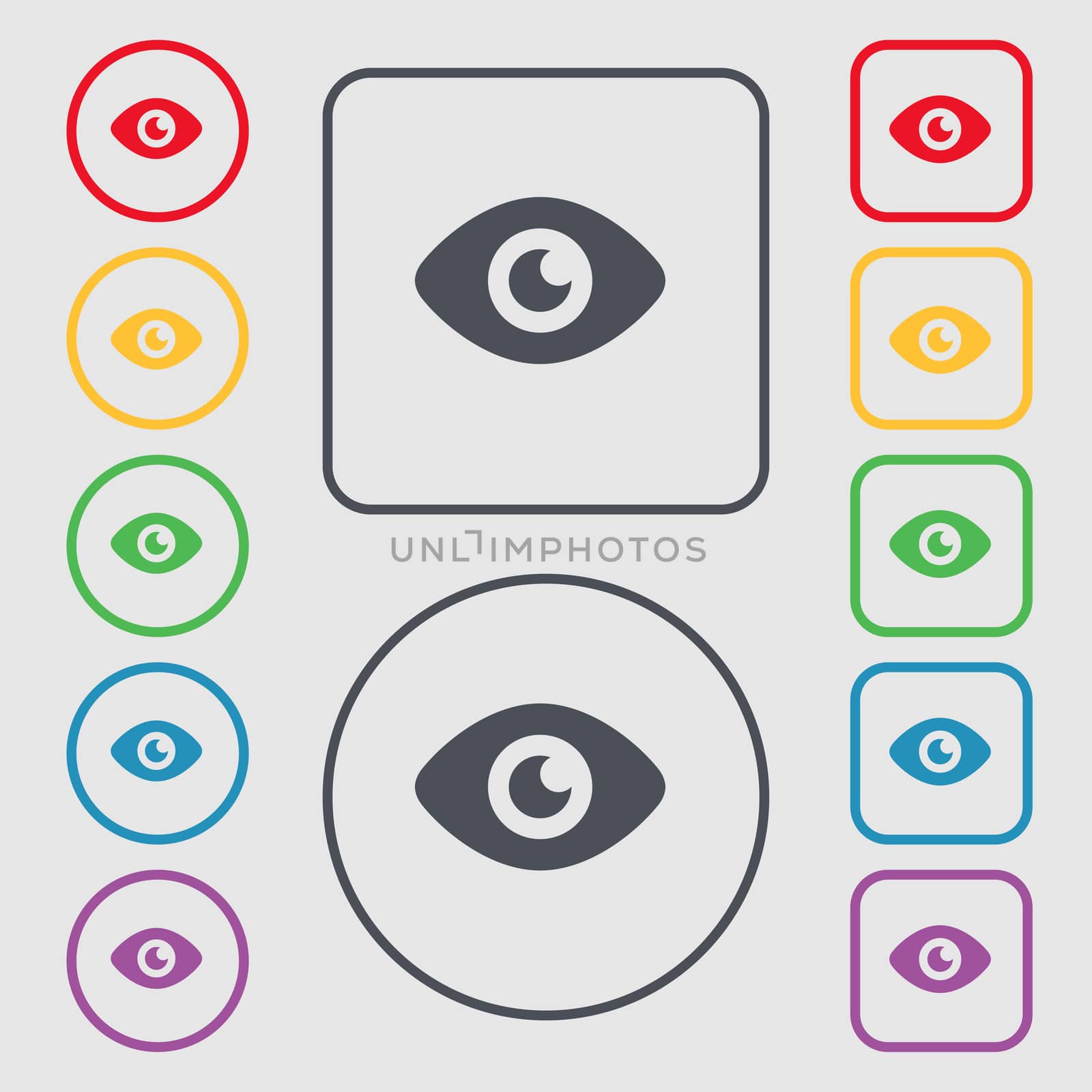 Eye, Publish content icon sign. symbol on the Round and square buttons with frame. illustration