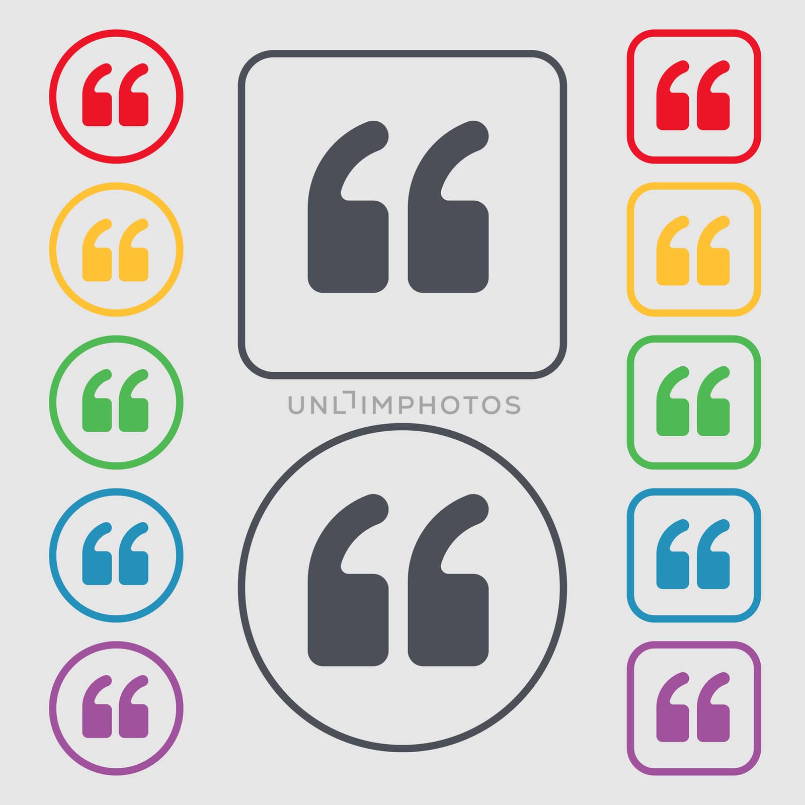 Double quotes at the beginning of words icon sign. symbol on the Round and square buttons with frame.  by serhii_lohvyniuk