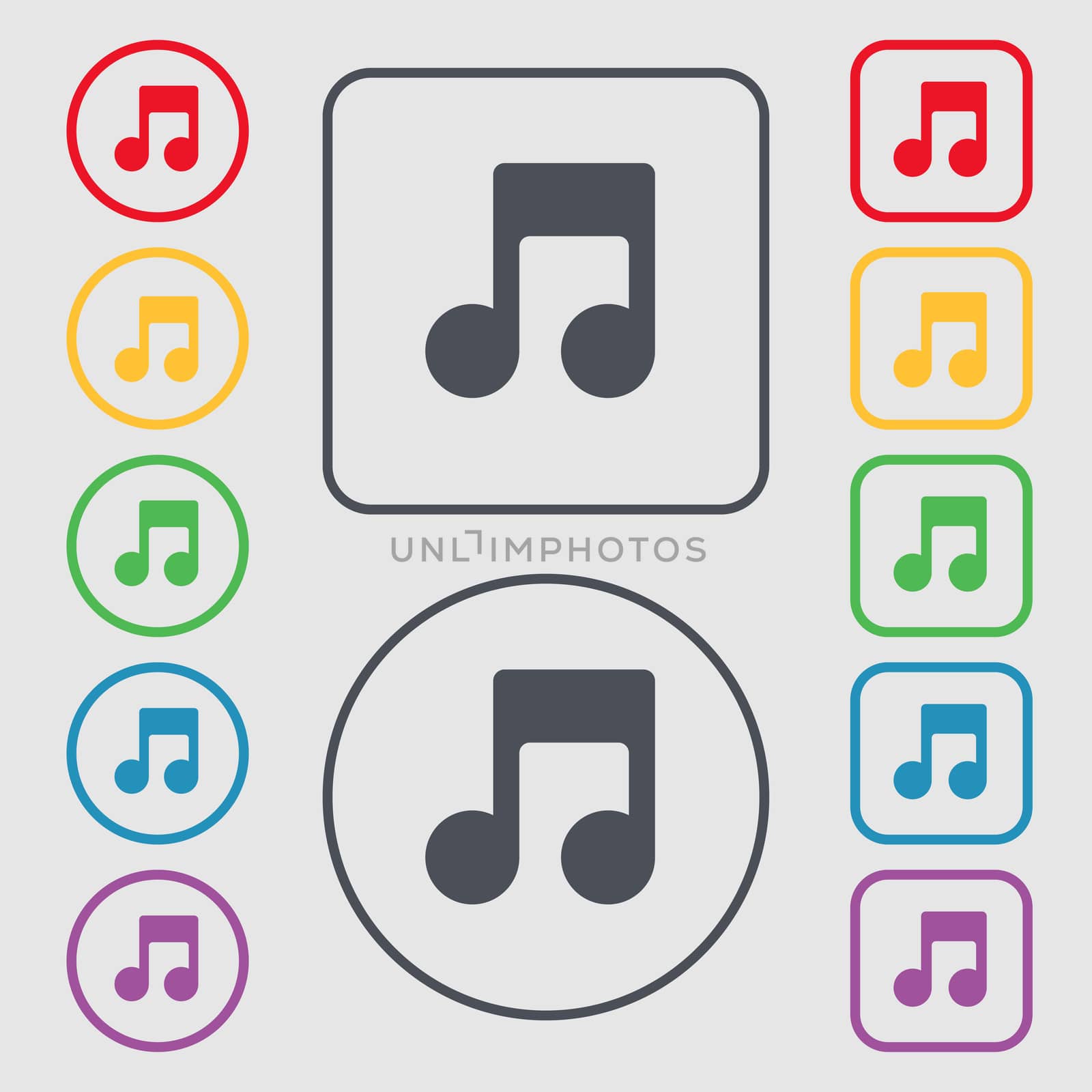 Music note icon sign. symbol on the Round and square buttons with frame. illustration