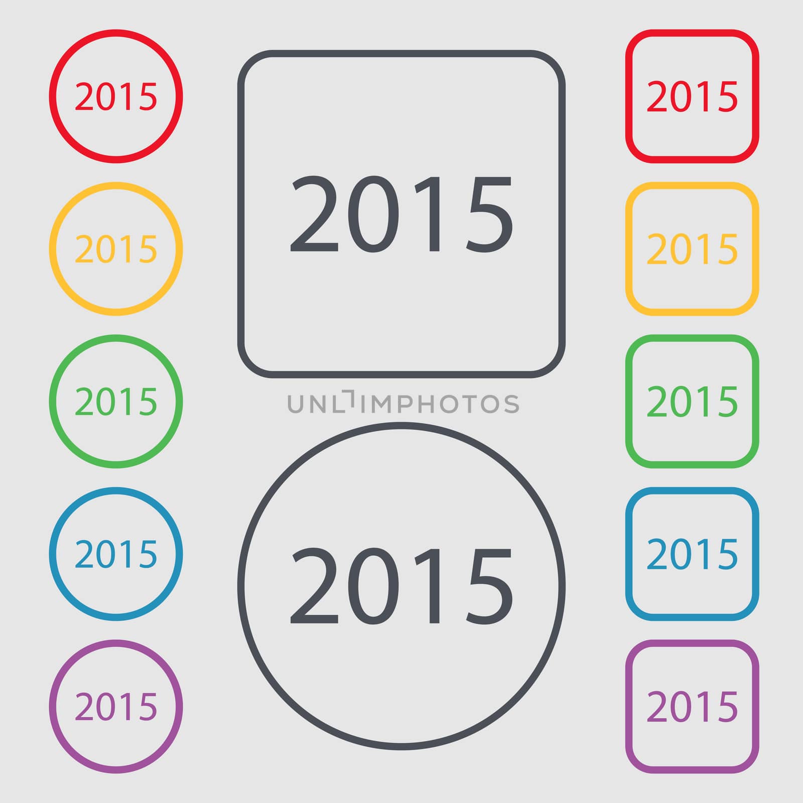 Happy new year 2015 sign icon. Calendar date. Symbols on the Round and square buttons with frame.  by serhii_lohvyniuk