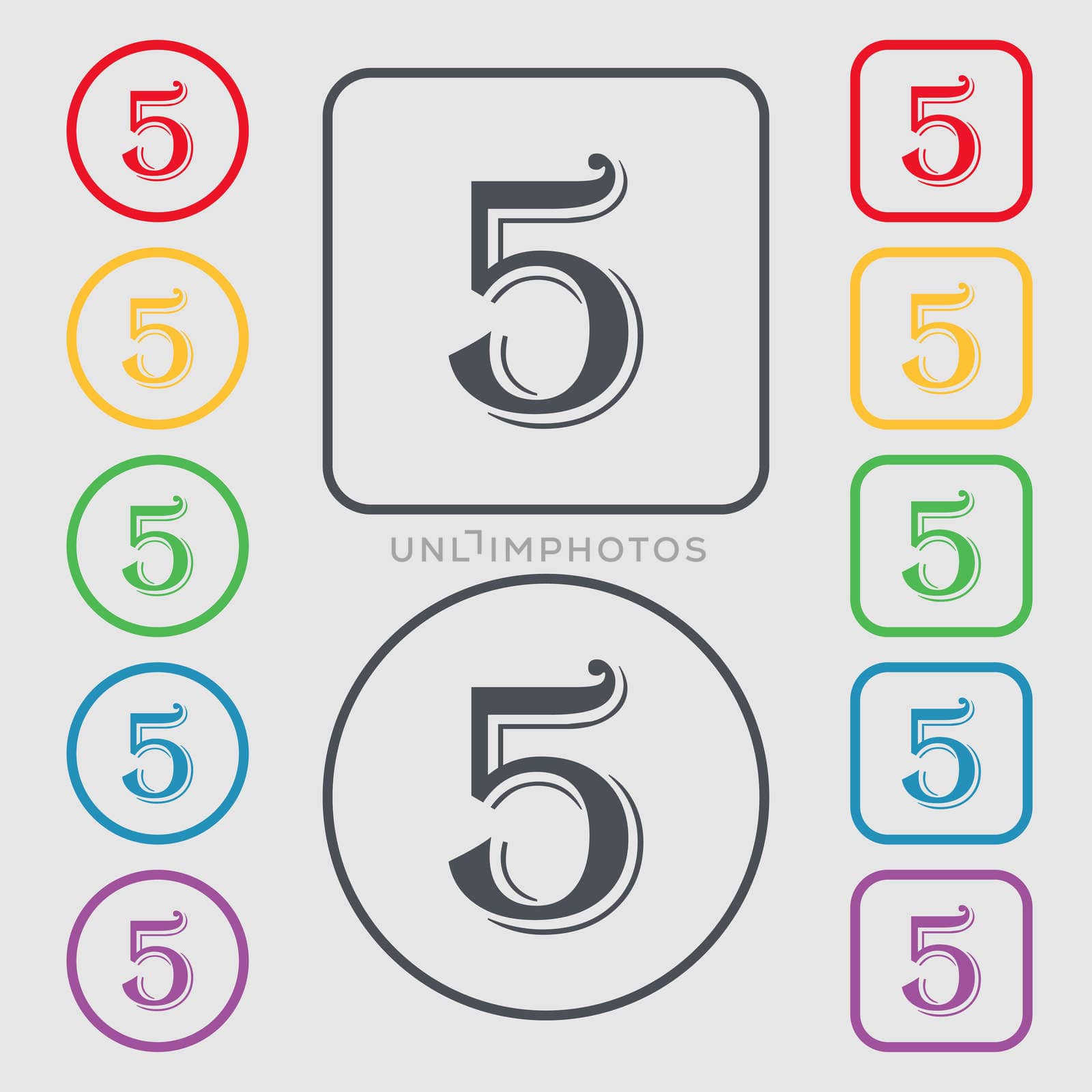 number five icon sign. Symbols on the Round and square buttons with frame. illustration