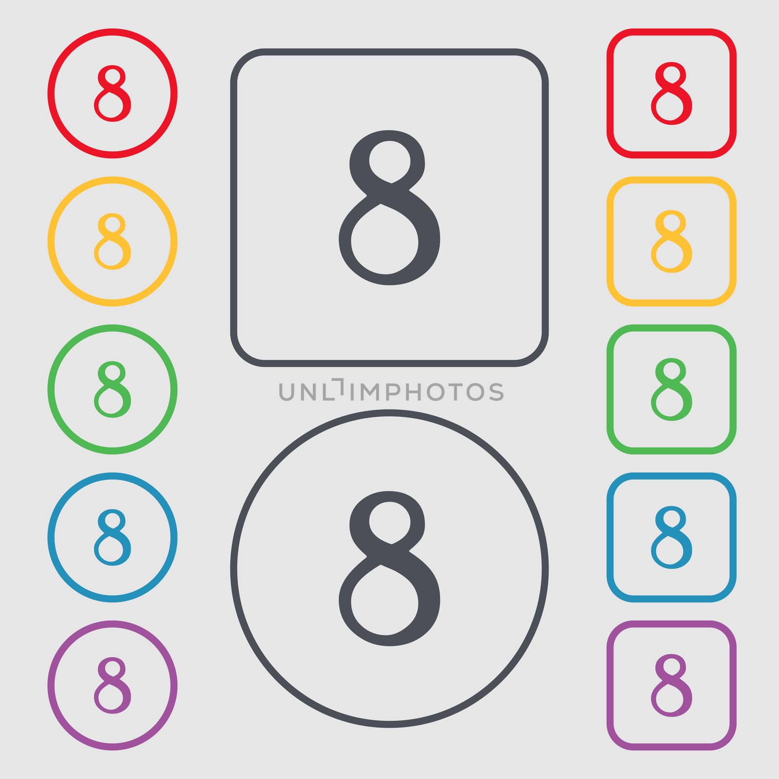 number Eight icon sign. Symbols on the Round and square buttons with frame. illustration