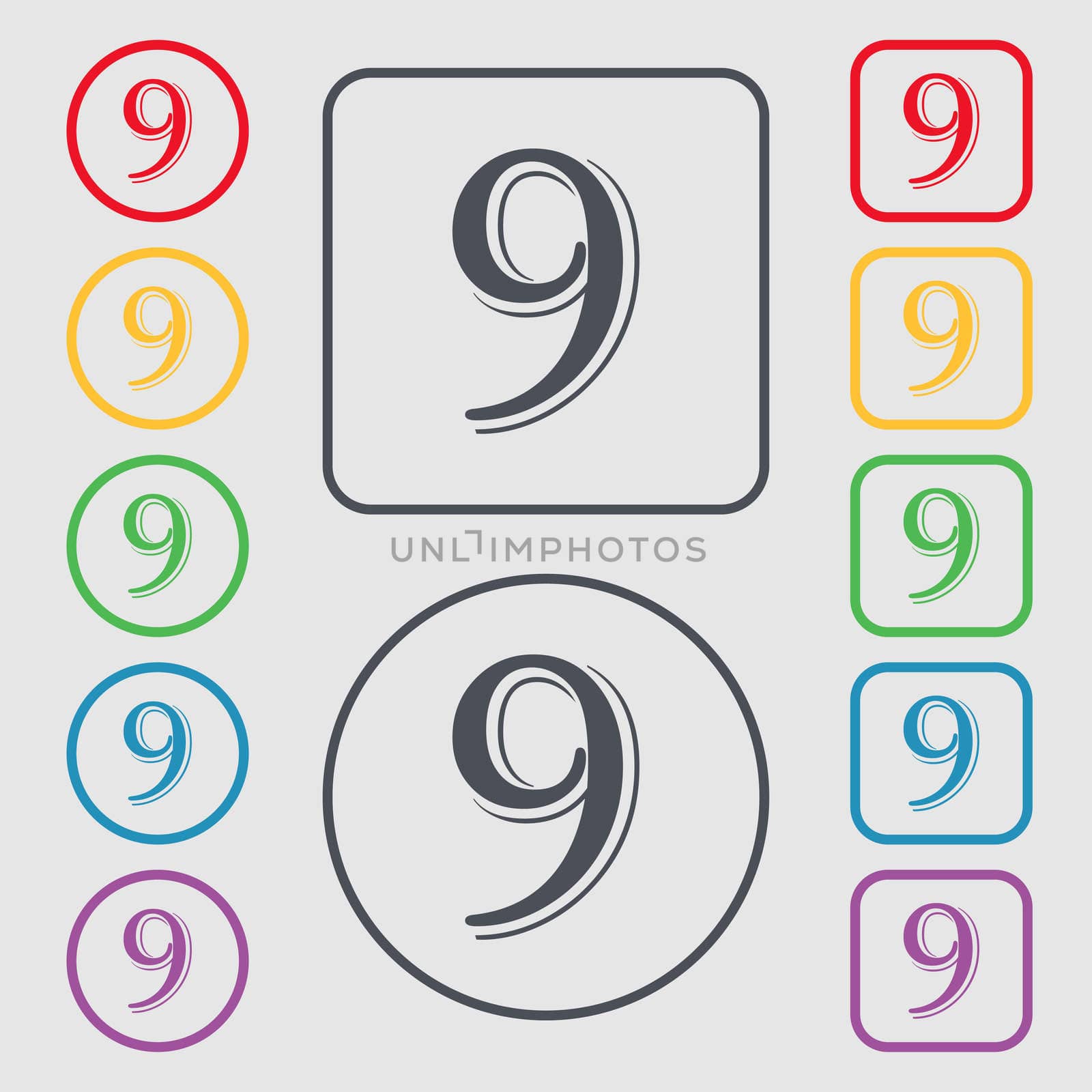 number Nine icon sign. Symbols on the Round and square buttons with frame.  by serhii_lohvyniuk