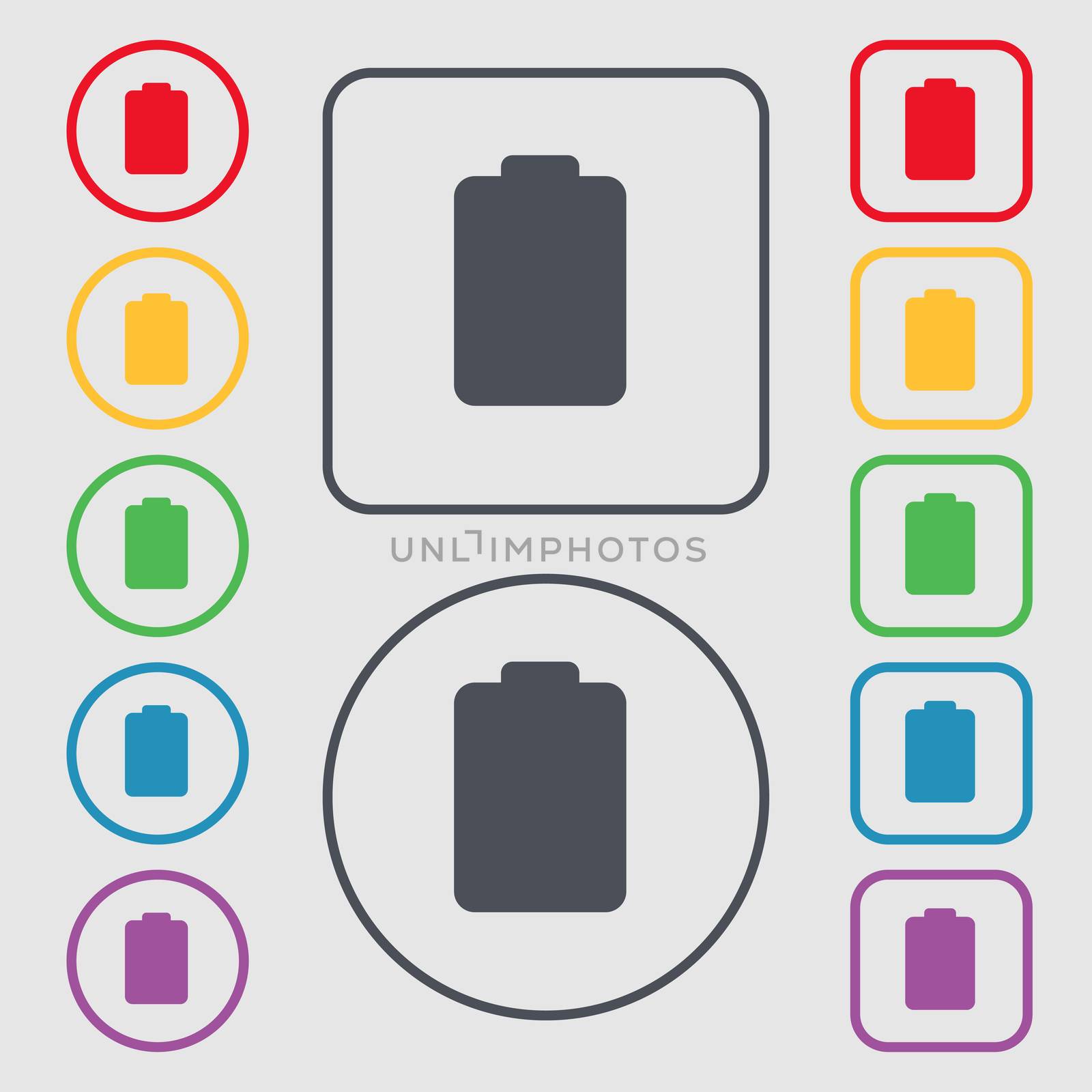 Battery empty, Low electricity icon sign. symbol on the Round and square buttons with frame. illustration