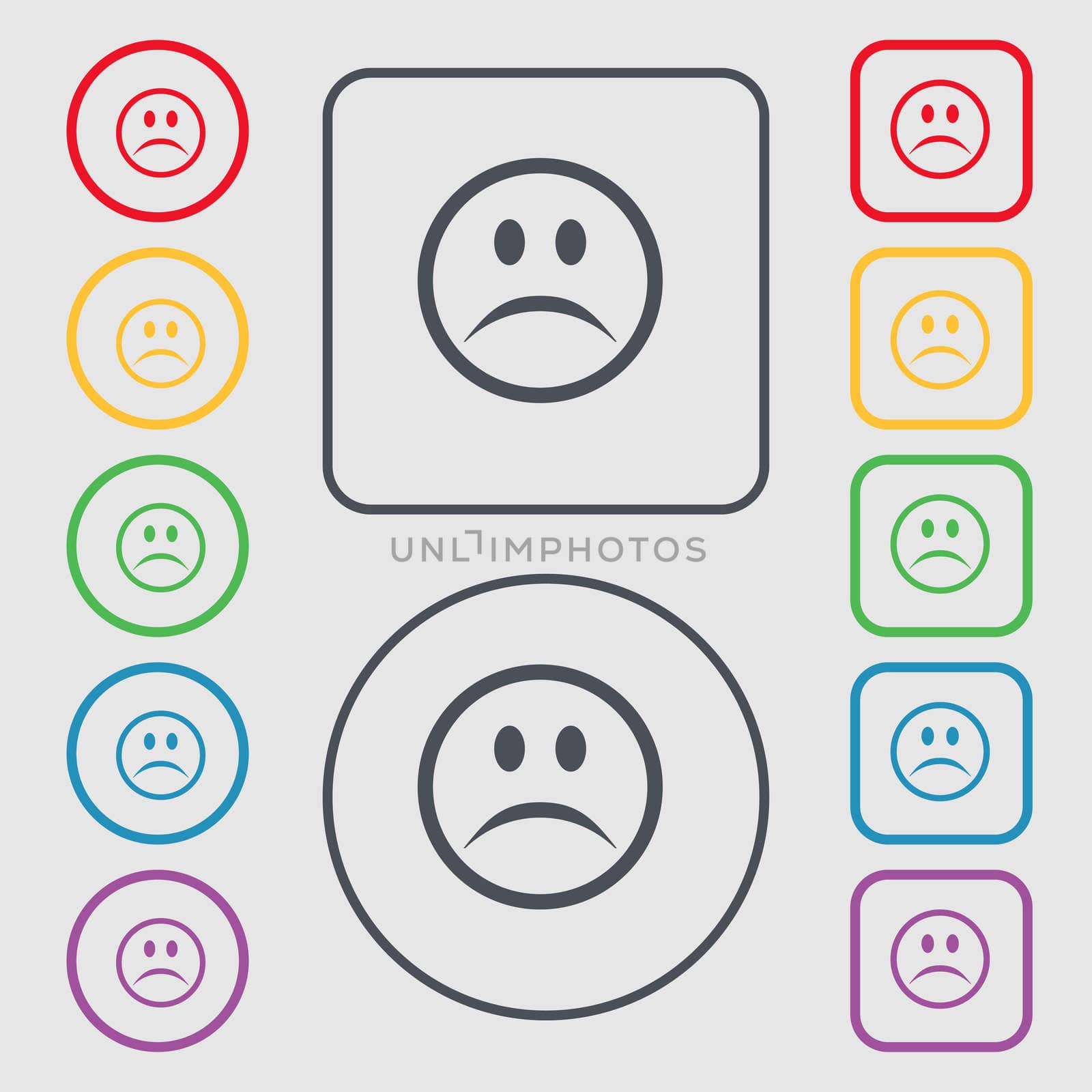 Sad face, Sadness depression icon sign. symbol on the Round and square buttons with frame.  by serhii_lohvyniuk