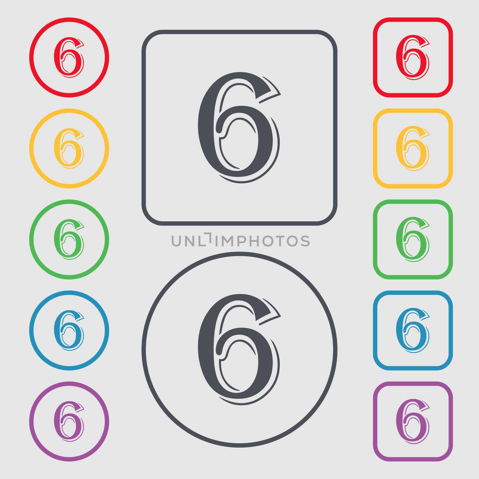 number six icon sign. Symbols on the Round and square buttons with frame. illustration