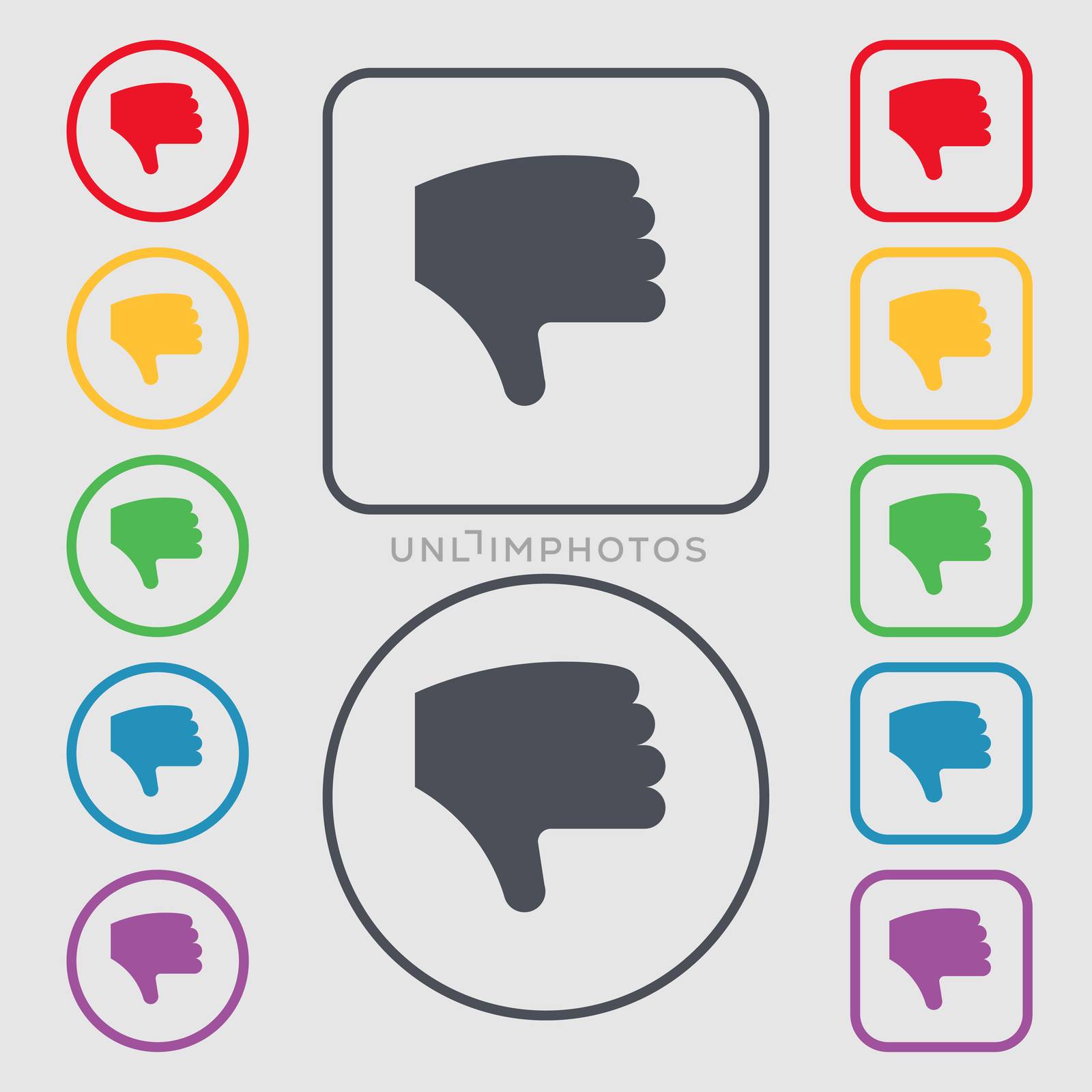 Dislike, Thumb down, Hand finger down icon sign. symbol on the Round and square buttons with frame.  by serhii_lohvyniuk