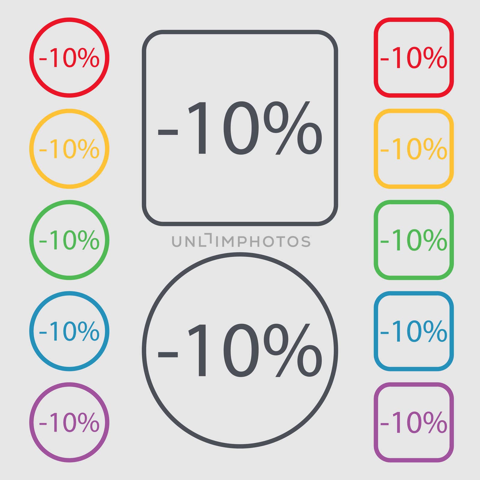 10 percent discount sign icon. Sale symbol. Special offer label. Symbols on the Round and square buttons with frame. illustration