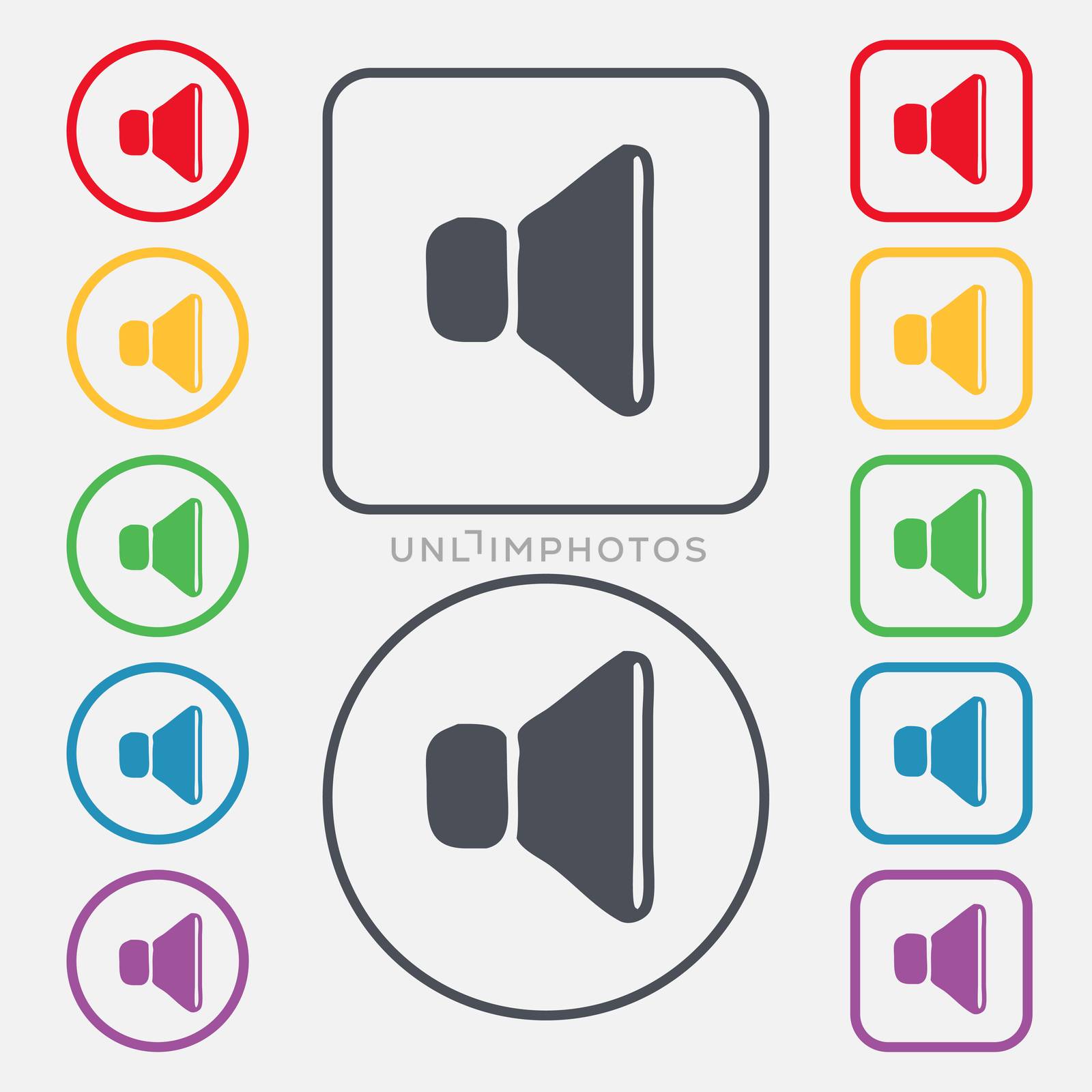 volume, sound icon sign. symbol on the Round and square buttons with frame. illustration