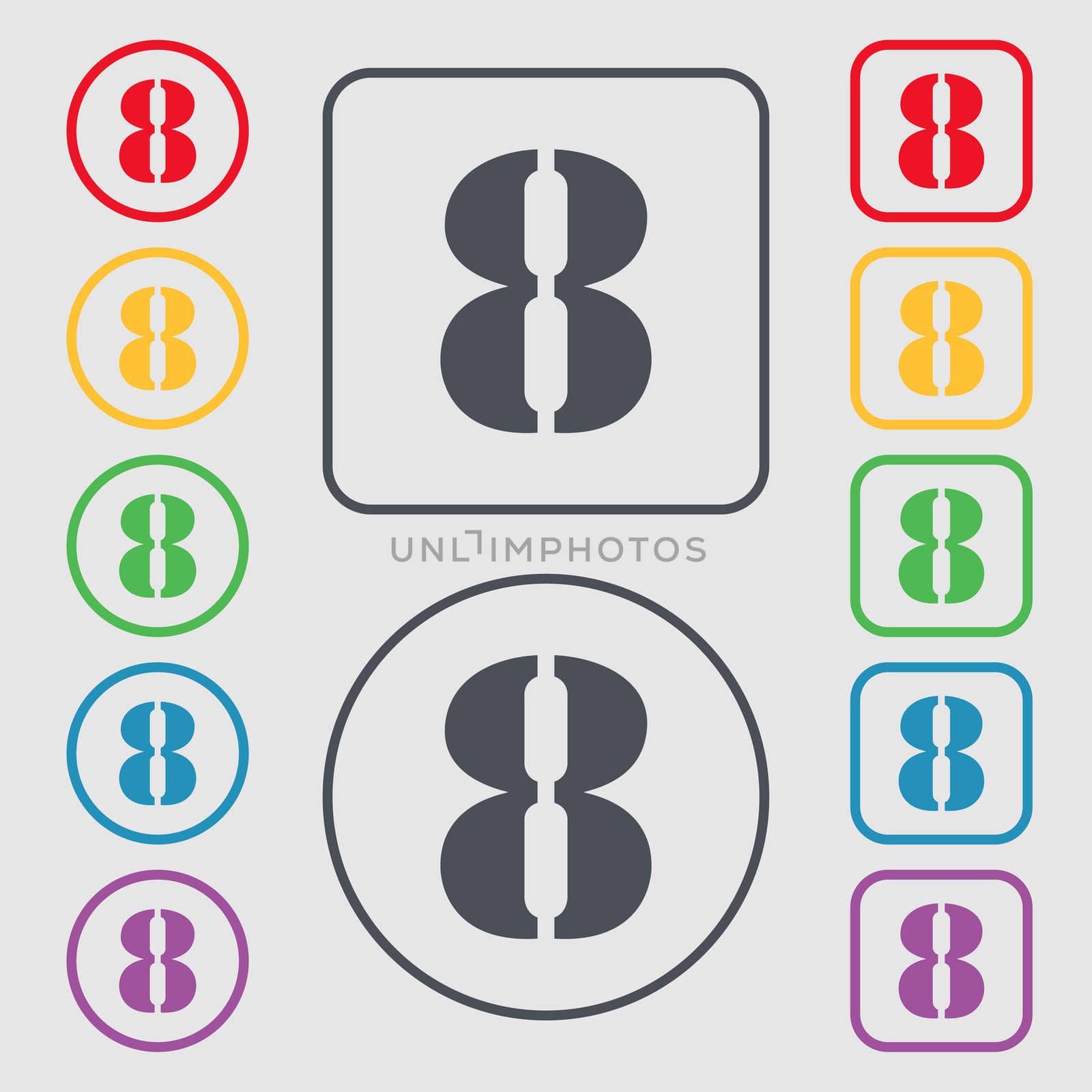 number Eight icon sign. Symbols on the Round and square buttons with frame. illustration