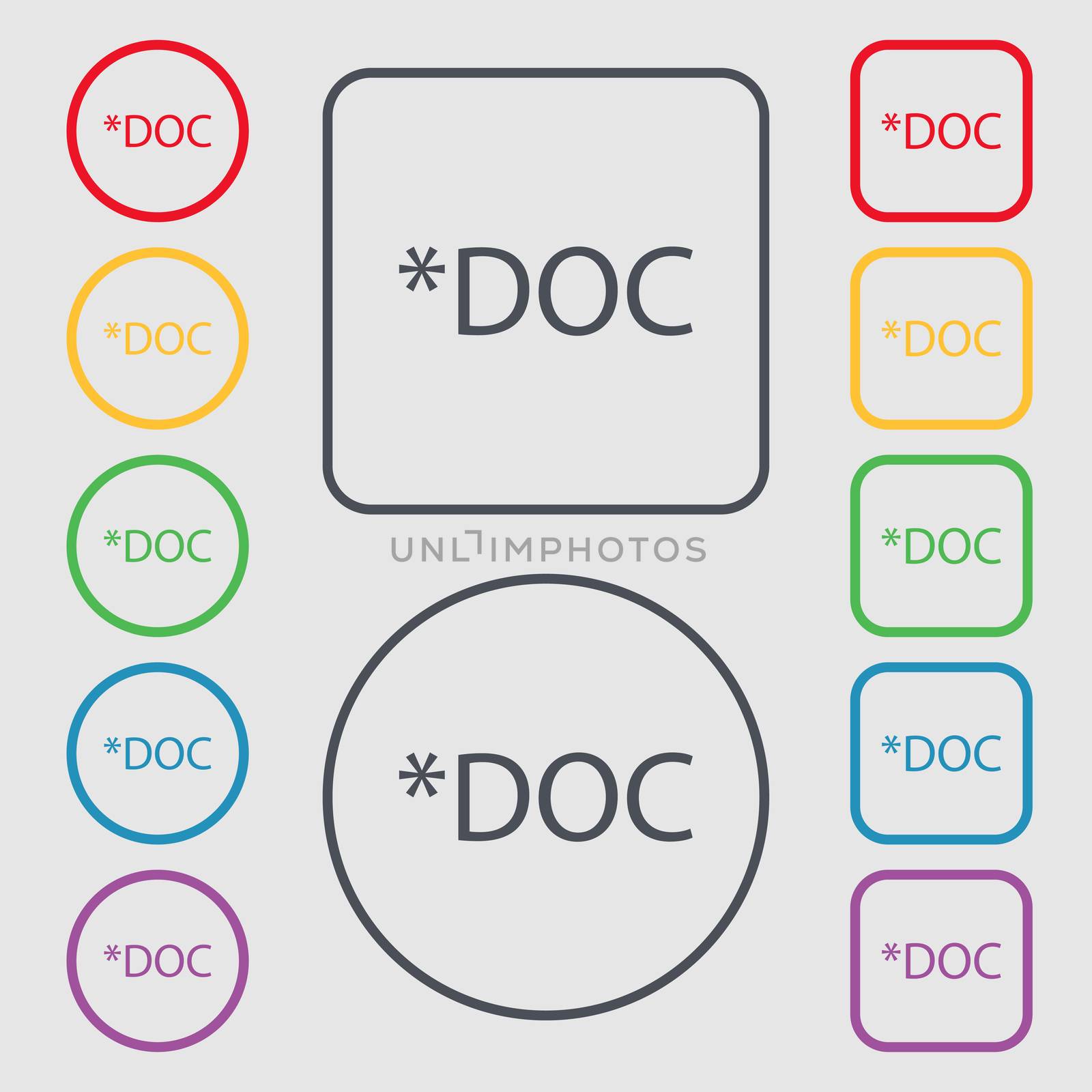 File document icon. Download doc button. Doc file extension symbol. Symbols on the Round and square buttons with frame. illustration