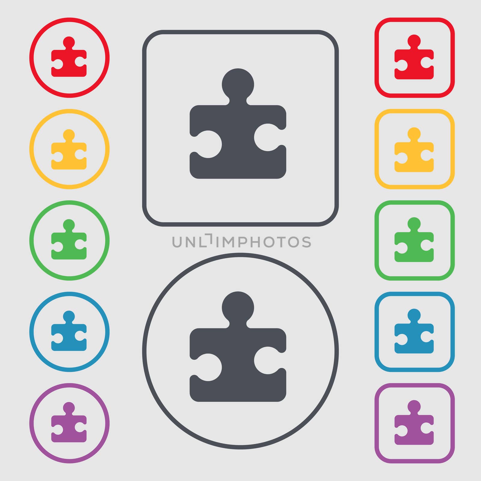 Puzzle piece icon sign. symbol on the Round and square buttons with frame.  by serhii_lohvyniuk