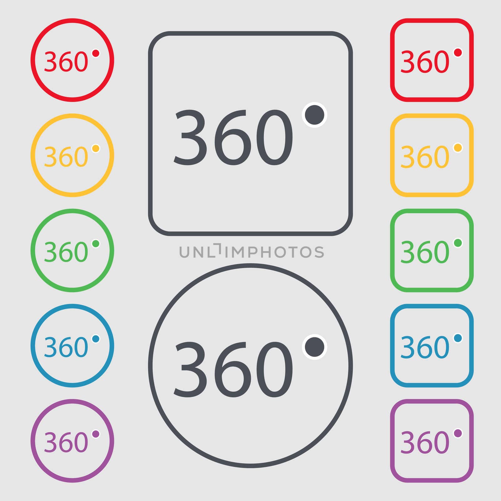 Angle 360 degrees sign icon. Geometry math symbol. Full rotation. Symbols on the Round and square buttons with frame. illustration