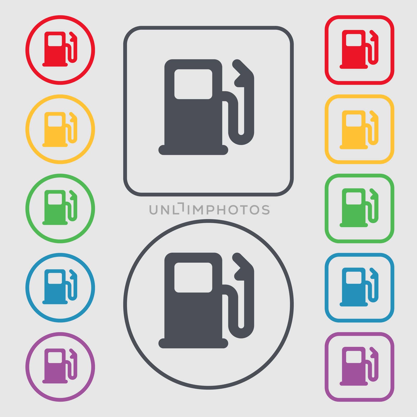 Petrol or Gas station, Car fuel icon sign. symbol on the Round and square buttons with frame.  by serhii_lohvyniuk